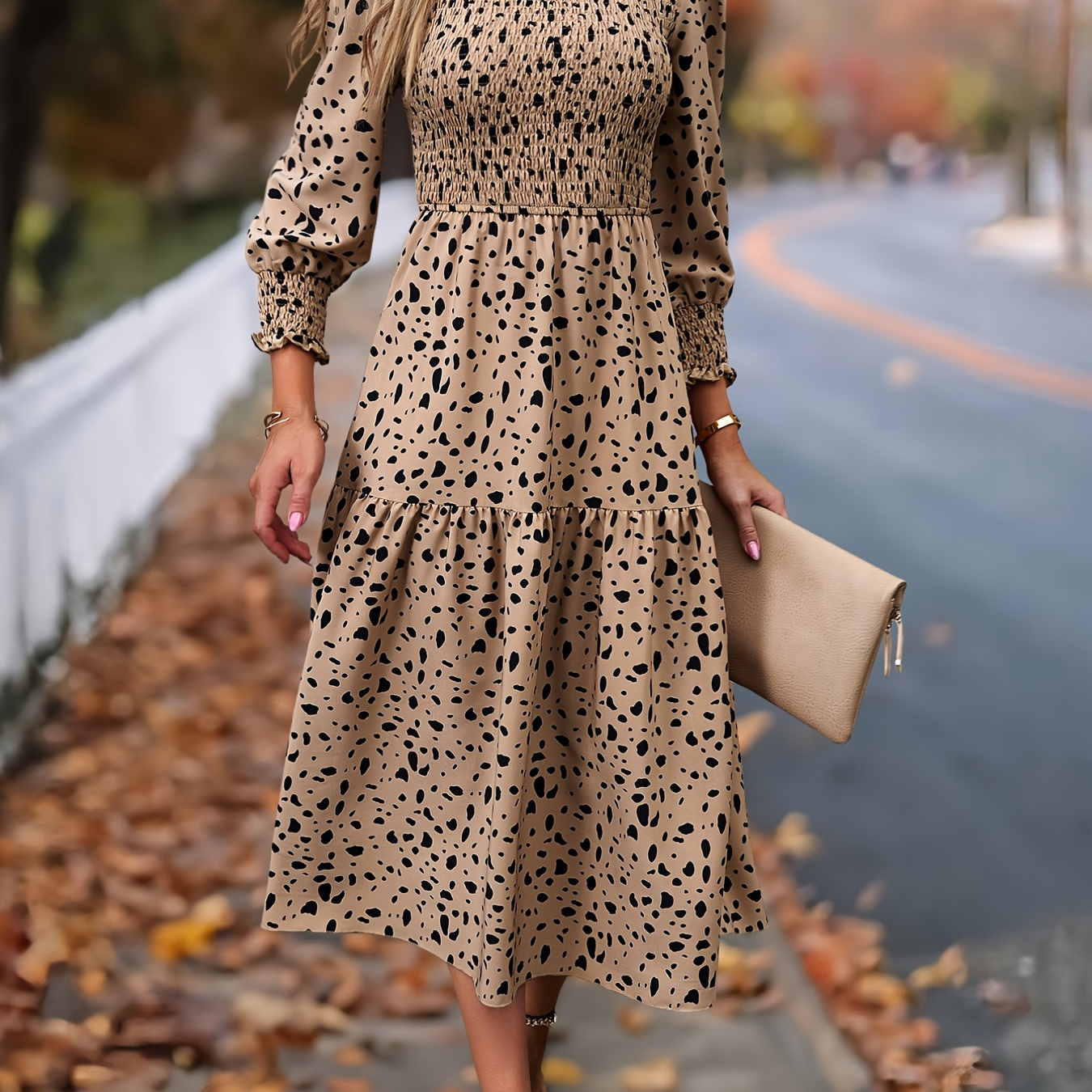 

Elegant Long Sleeve Leopard Print Dress For Women - Round Neck, Hem, Cinched Waist, Polyester, Beige With Black Spots, Fall Fashion, Leopard Print Clothes