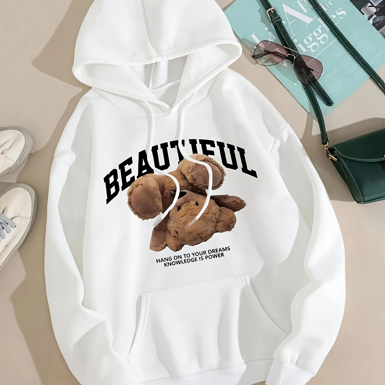 

Bear Print Hoodie, Drawstring Casual Hooded Sweatshirt For Winter & Fall, Women's Clothing