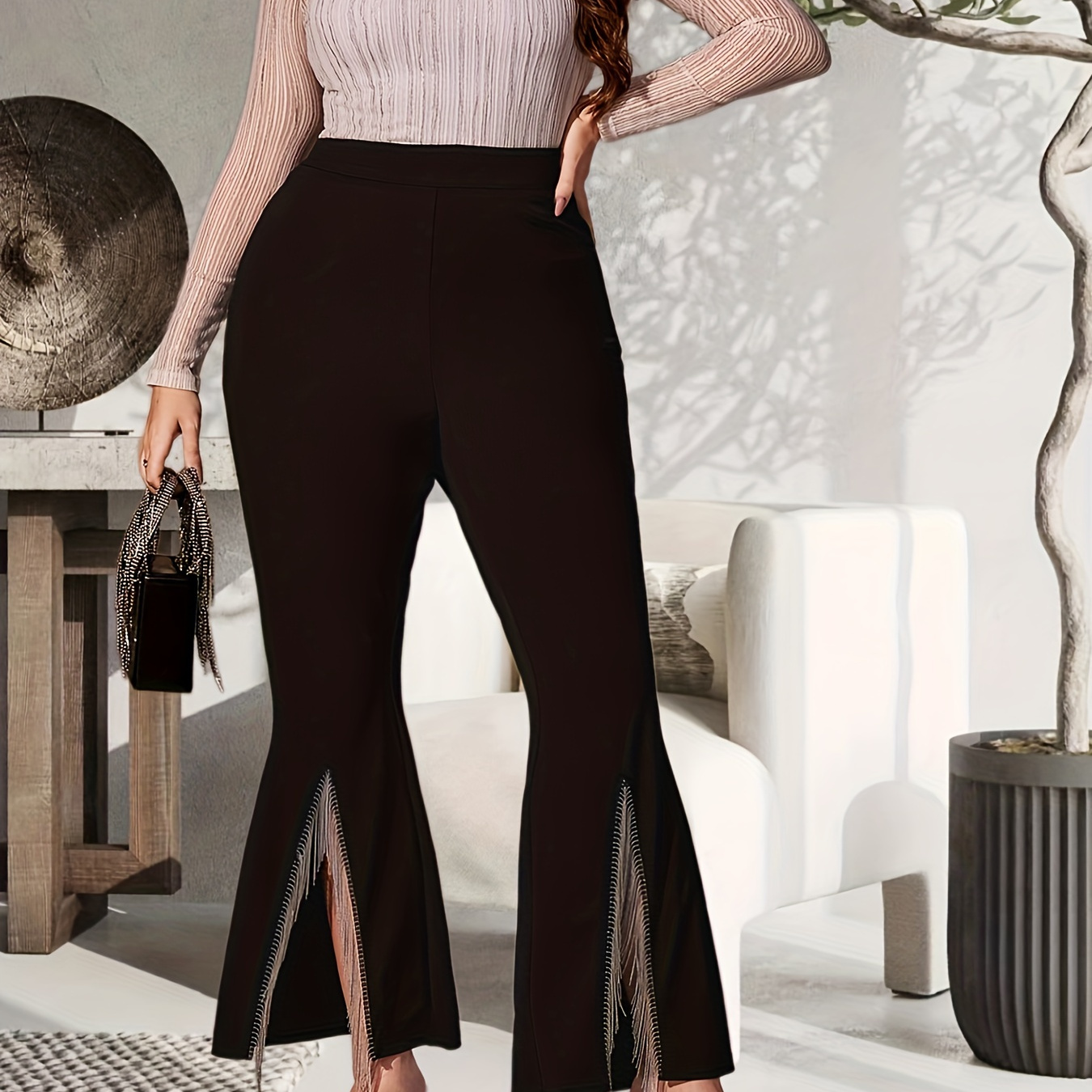 Plus Size Elegant Pants, Women's Plus Plain Split Hem High * Button Decor  Flare Pants