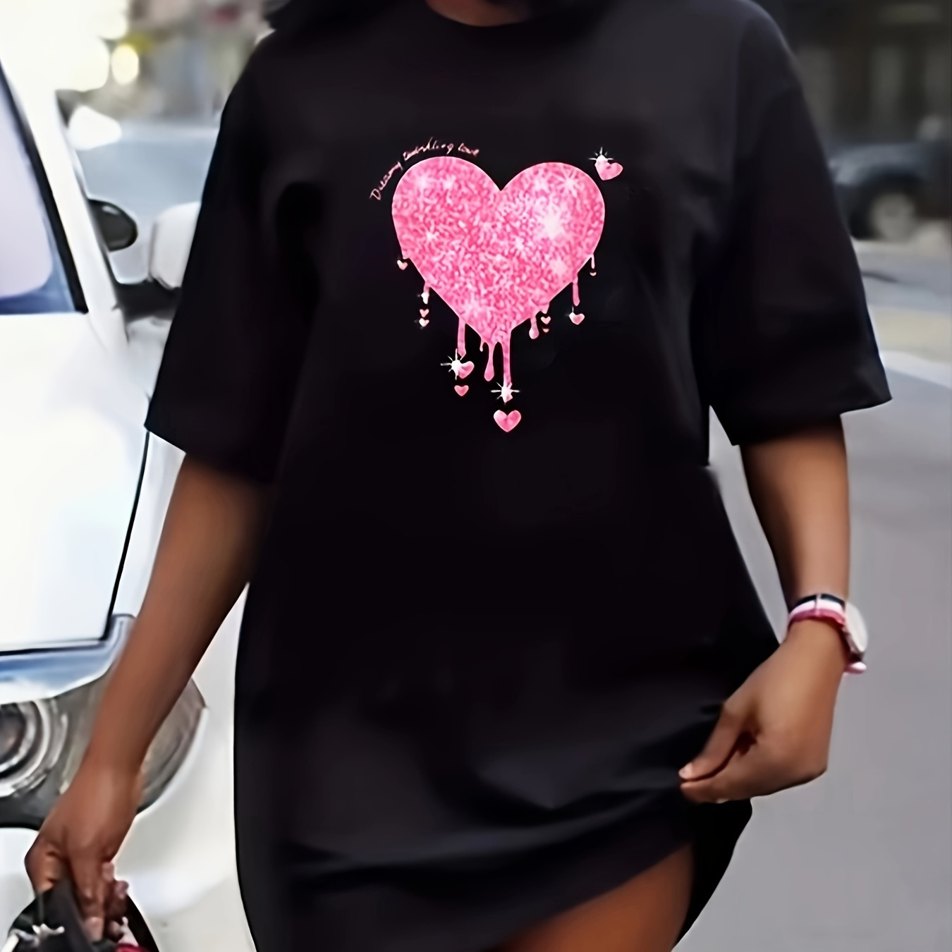 

Graphic Print Tee Dress, Short Sleeve Crew Neck Casual Dress For Summer & Spring, Women's Clothing