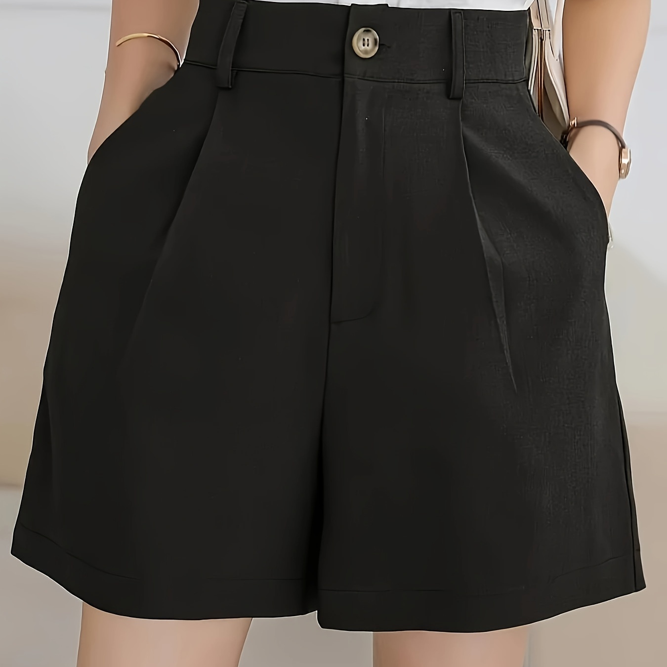 

Elegant High-waist Women's Shorts With Slanted Pockets - Solid Color, Polyester, Machine Washable