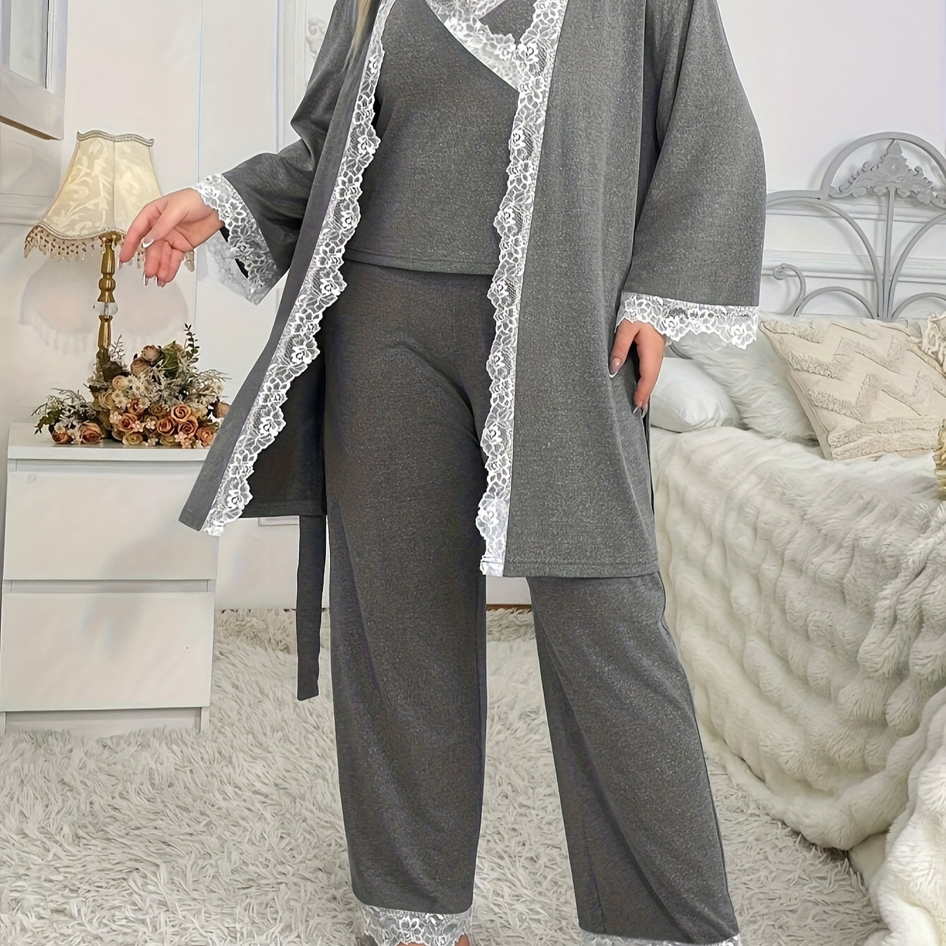 

3pcs Plus Size Women's Pajama Set - Polyester Knit Fabric With Spandex, Mature Style Solid Color Sleepwear With Lace Detail, Long Sleeve Cardigan With Belt And Waist Loose Pants