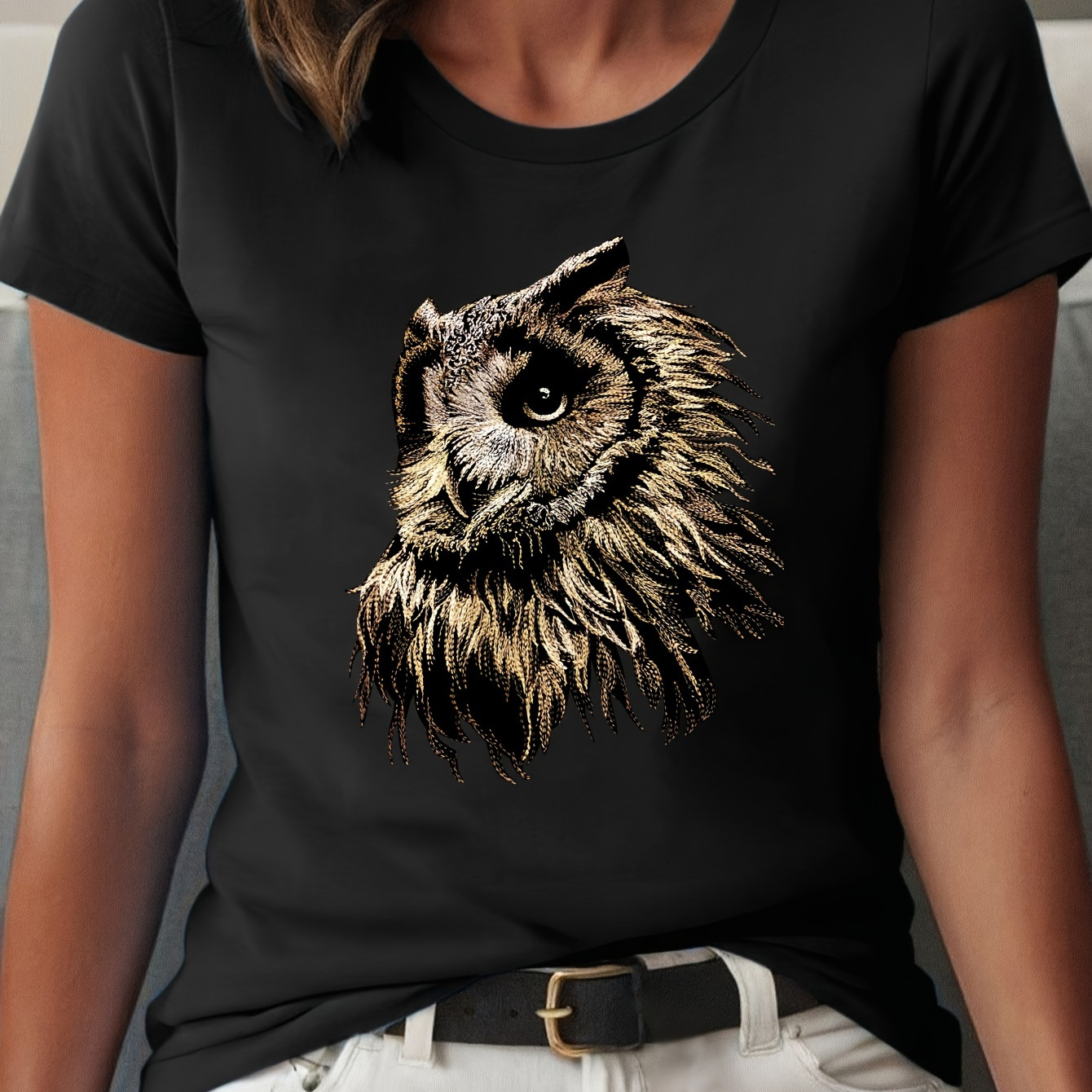 

Women's Casual Crew Neck T-shirt With Owl Graphic, 100% Polyester Knit Fabric, Regular Length Summer Tee With No Additional Details