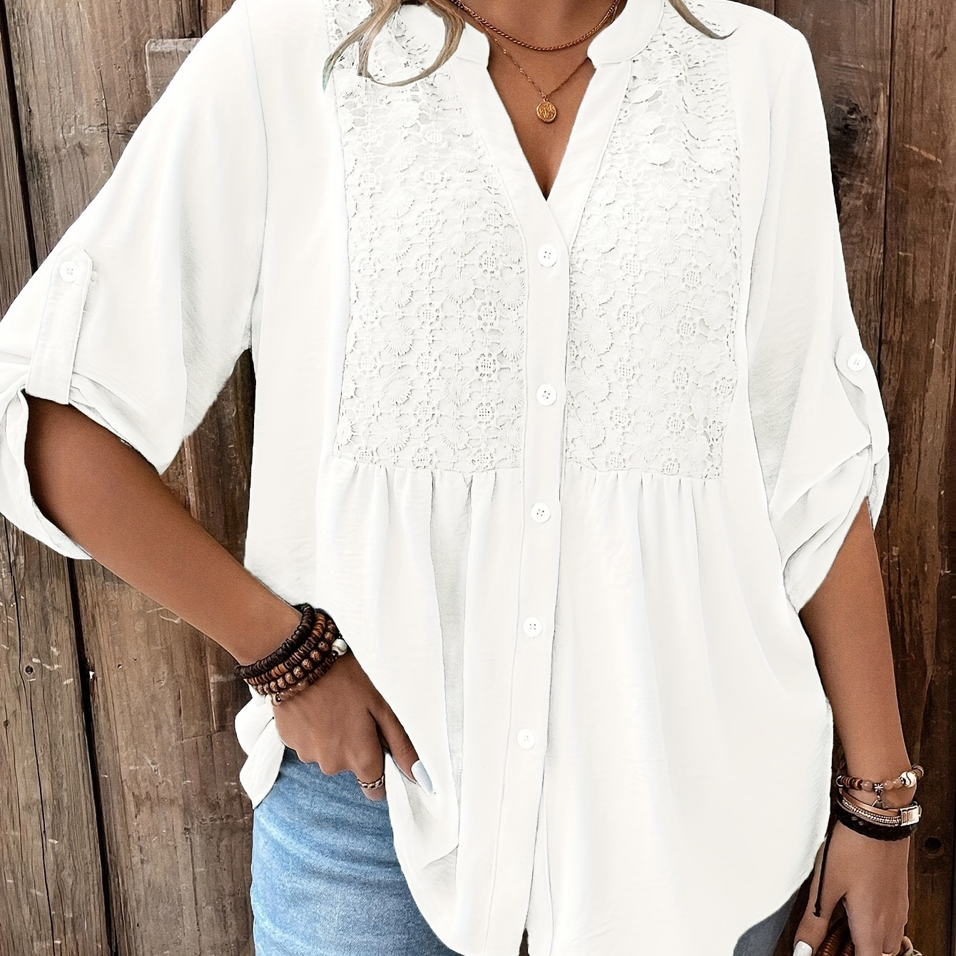 

Women's Plus Size Casual V-neck Blouse With Lace Detail - Rolled Sleeve, Button-up Shirt In White, Lightweight Polyester, Spring/summer/fall, Machine Washable