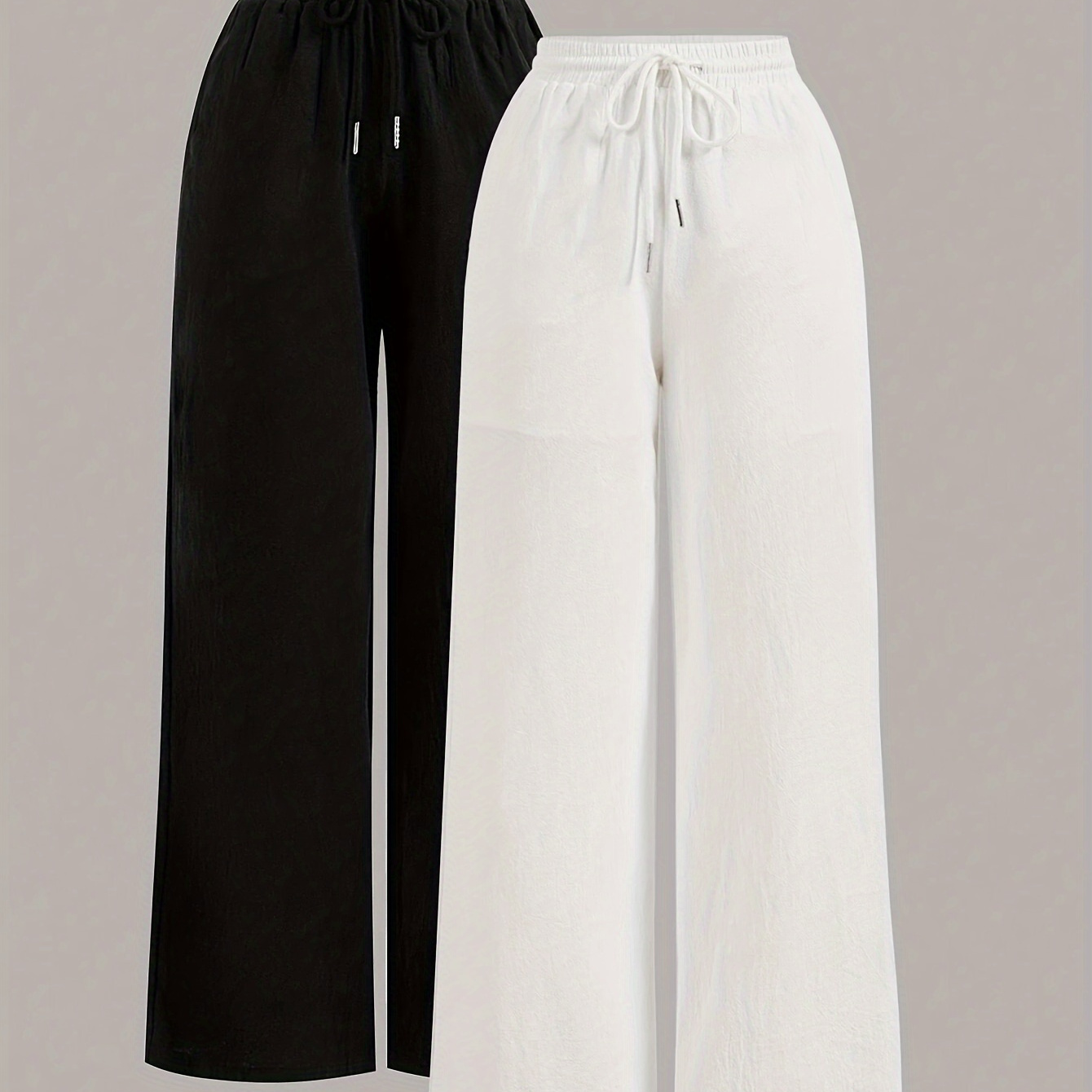 

2pcs Solid Color Drawstring Waist Wide Leg Pants, Elegant High Waist Versatile Commuter Wear Pants For Spring & Summer, Women's Clothing