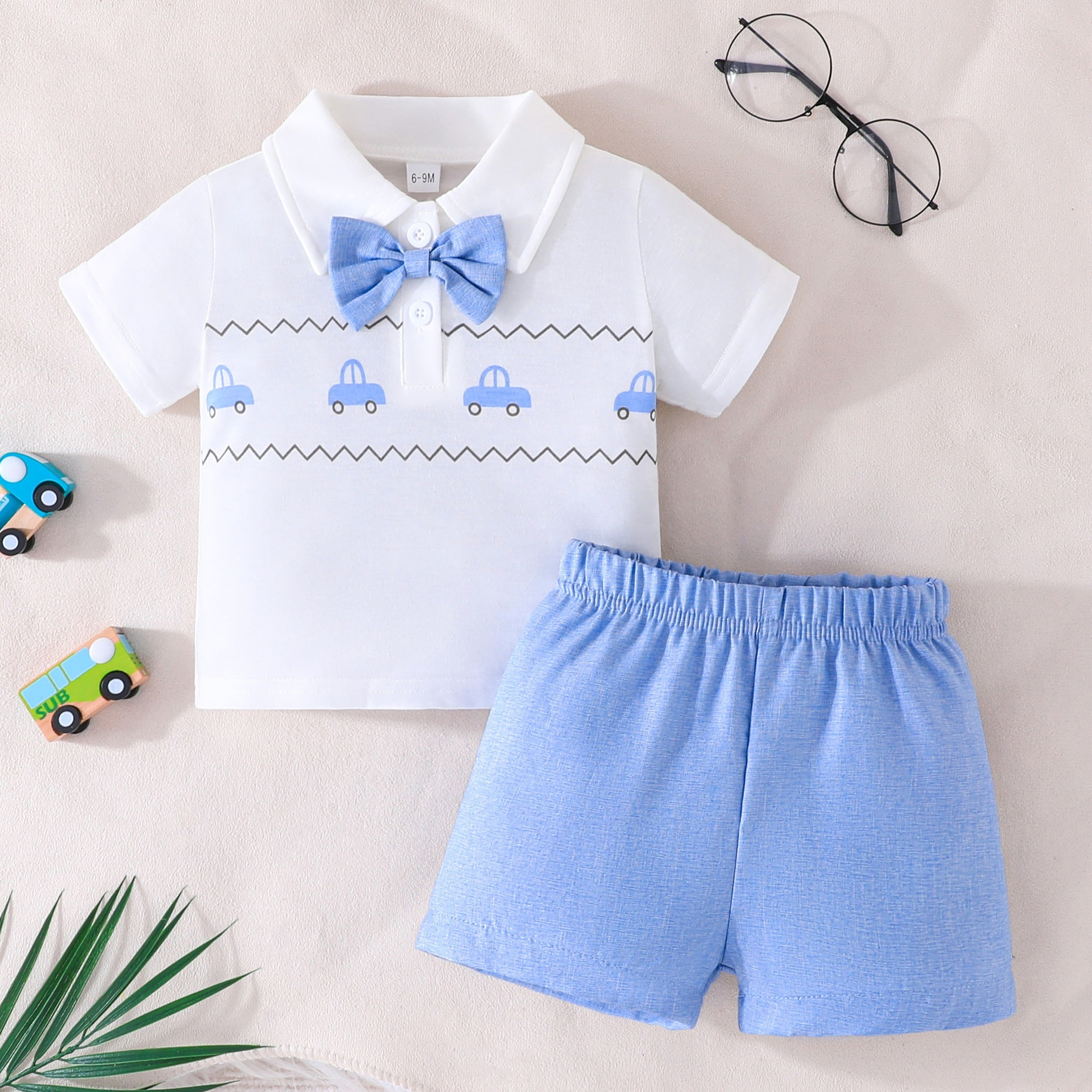 

2pcs Baby Boy's Cartoon Car Pattern Summer Set, Bowknot Decor Short Sleeve Top & Casual Shorts, Baby Boy's Clothes