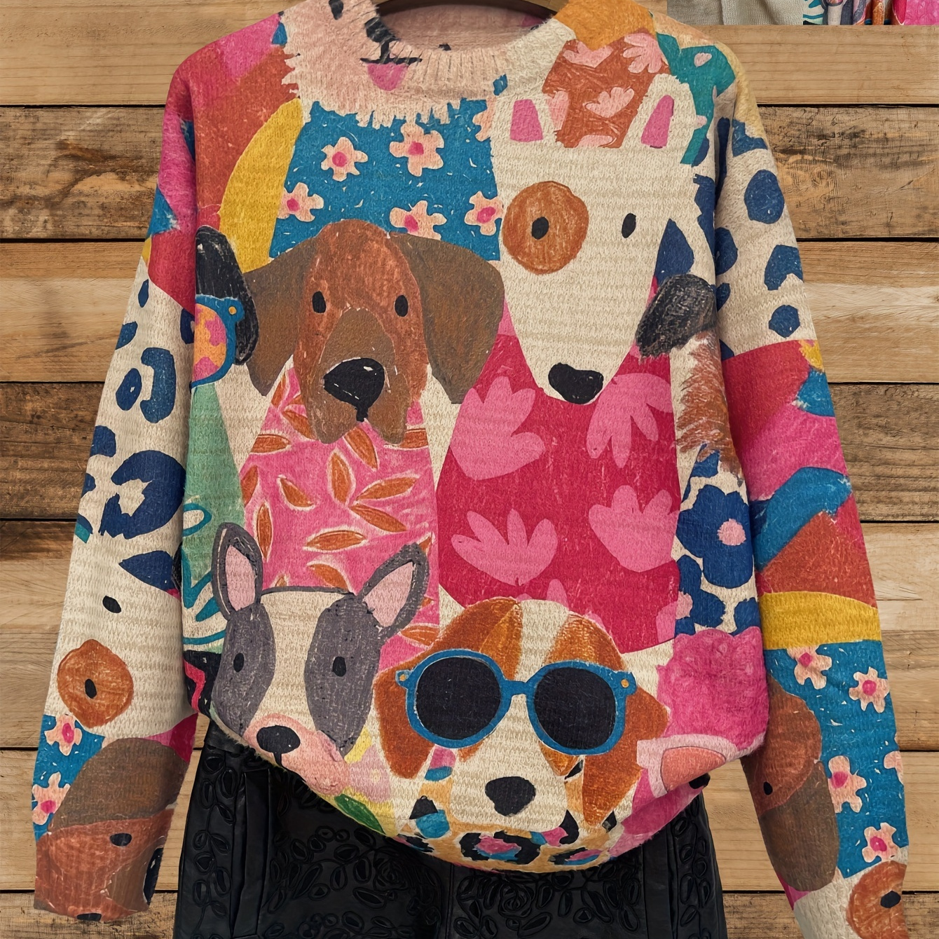 

Cozy Cartoon Dog Print Knit Sweater For Women - , Casual Crew Neck With Long Sleeves, Fall/winter