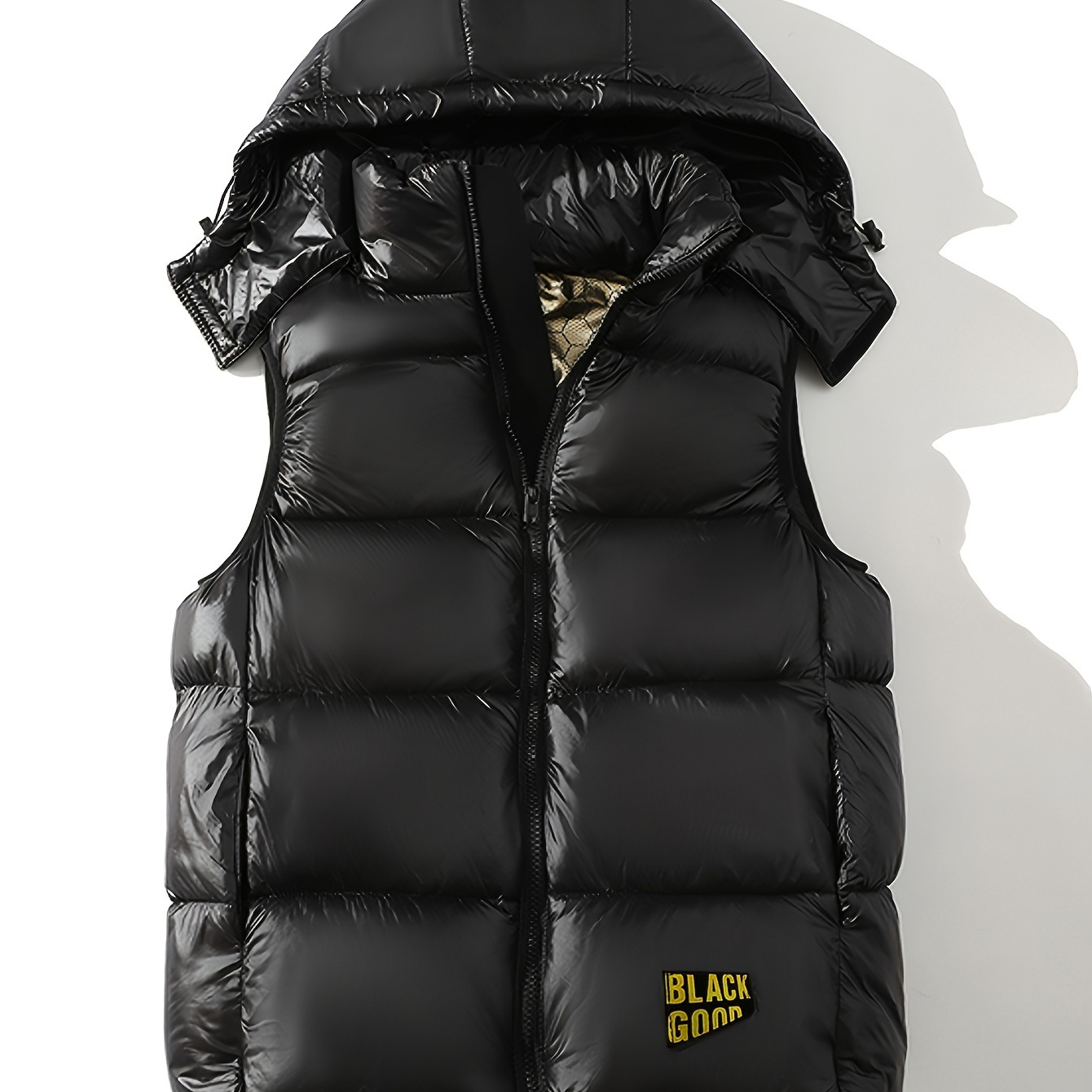 

Men's Sleek Black & Golden Hooded Vest - Casual, Zip-up Puffer Jacket For Fall/winter