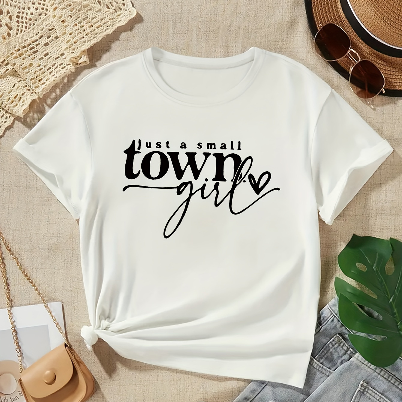 

Just A Small Town Girl Print, Tween Girls' Casual & Comfy Crew Neck Short Sleeve Tee For Spring & Summer, Tween Girls' Clothes For Outdoor Activities