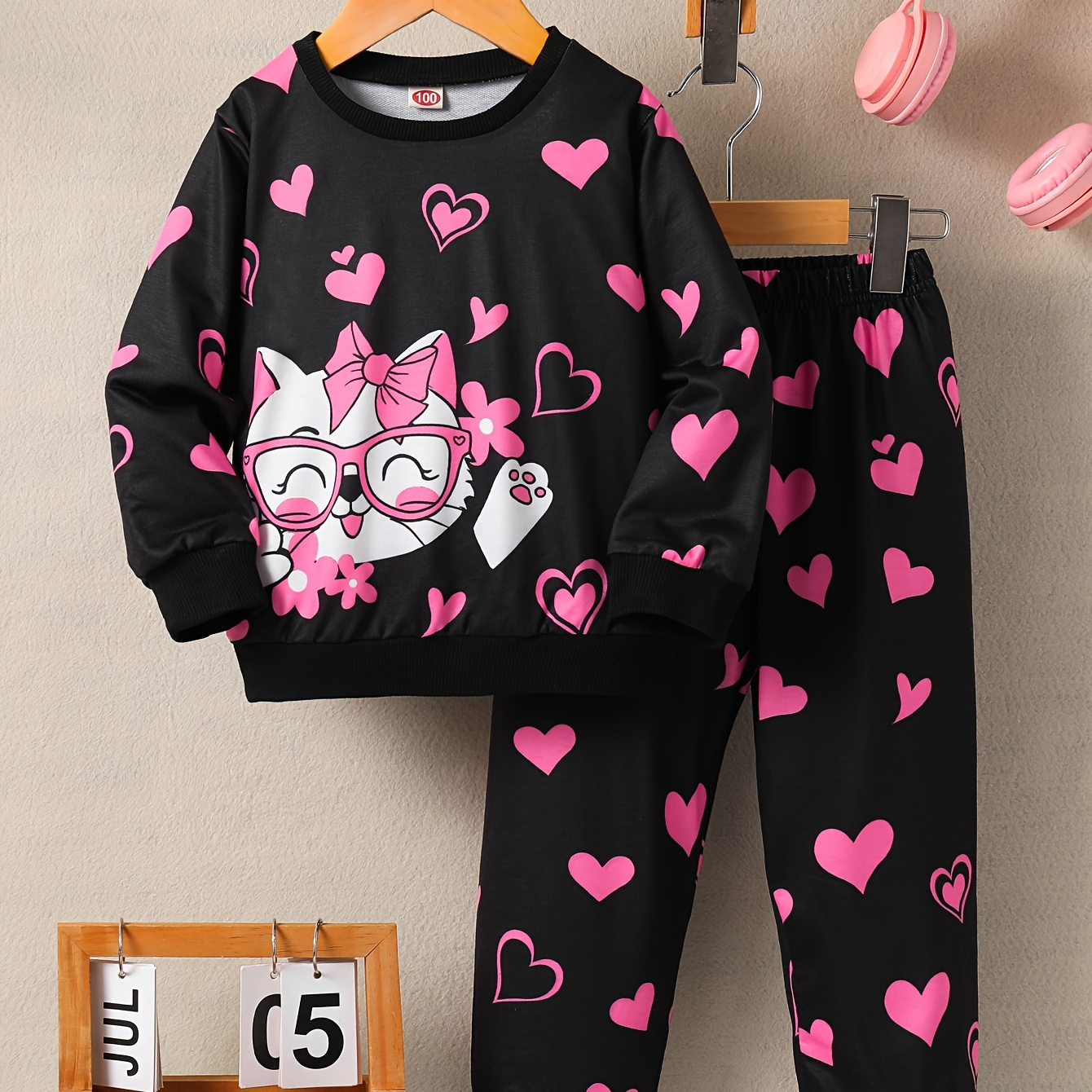 

Cat & Pattern ' Outfit Set - Long Sleeve Crewneck Sweatshirt And For /fall, For , For