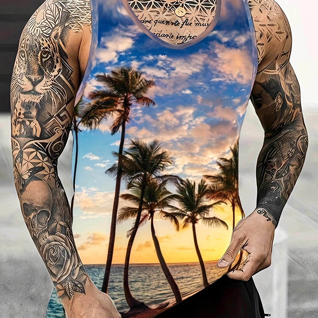 

Men's Trendy Crew Neck Graphic Tank Top With Fancy Palm Tree Prints, Street Style For Summer Wear