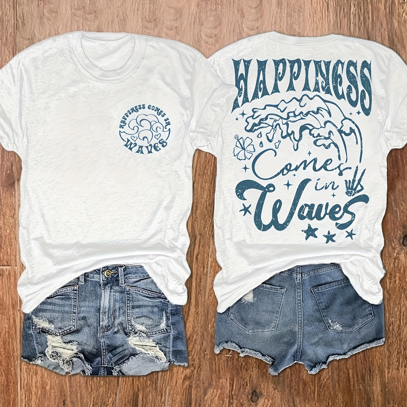 

Waves Print T-shirt, Short Sleeve Crew Neck Casual Top For Summer & Spring, Women's Clothing