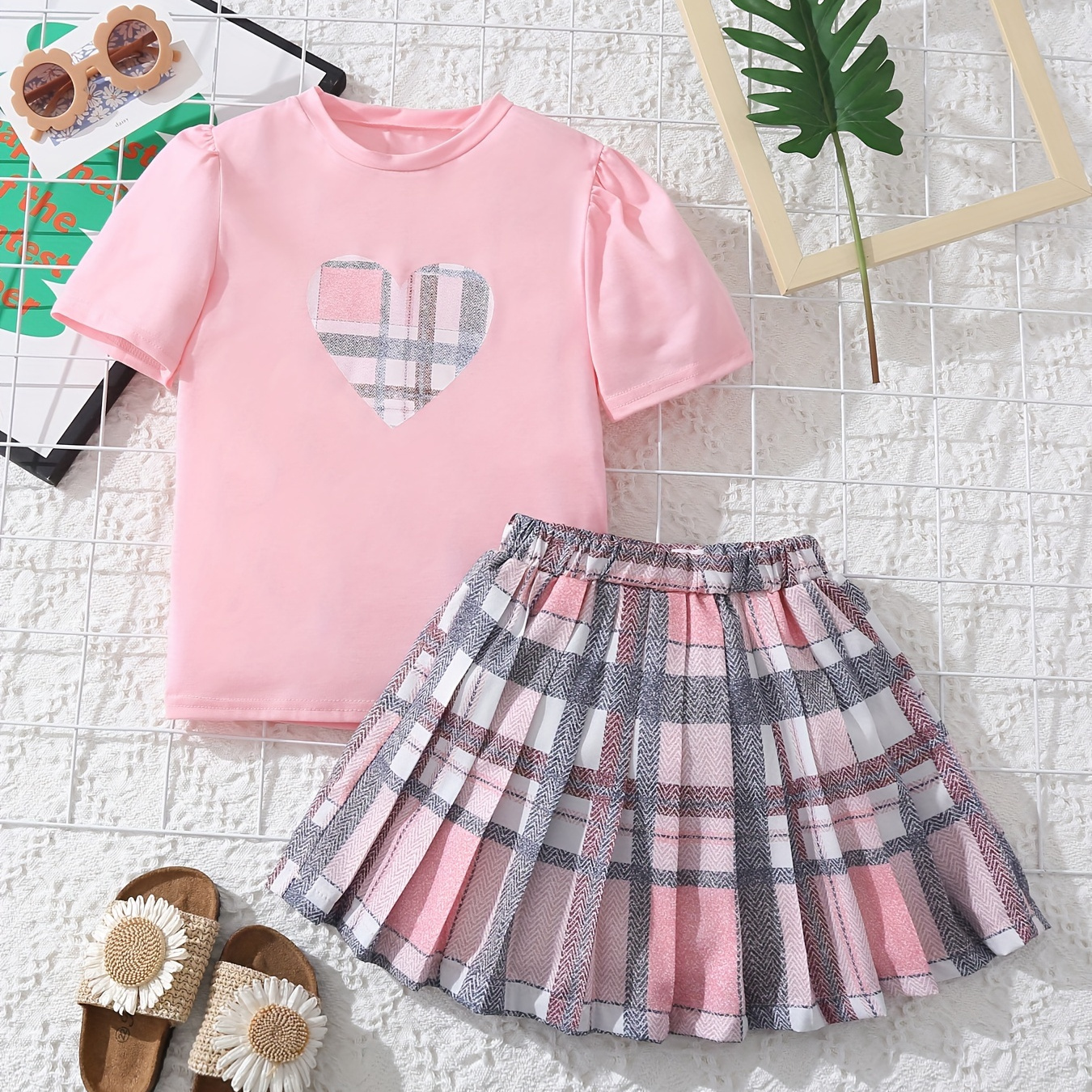 

2-piece Outfits Toddle Girls Plaid Heart Print Short Sleeve Top + Pleated Plaid Skirt Trendy Set Holiday Going Out Summer Clothes