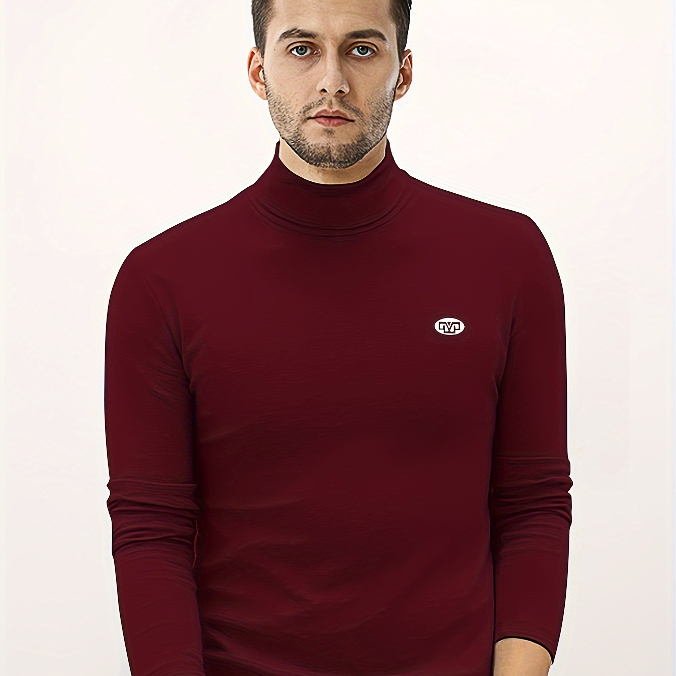 

Men's High-neck, Fleece-lined Turtleneck Sweater - Polyester Blend, Sporty Style, Regular Fit, Knit Fabric, Printed Design, Embroidered Detail