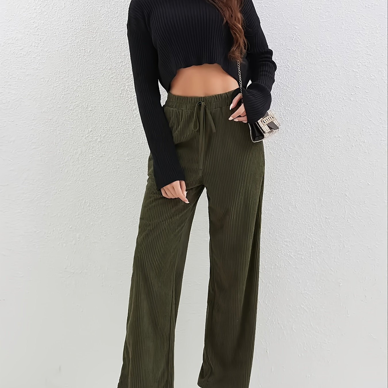 

1pc Women's Casual Corduroy Wide Leg Pants With Drawstring - Solid Color, , Adult Fit, Woven Fabric