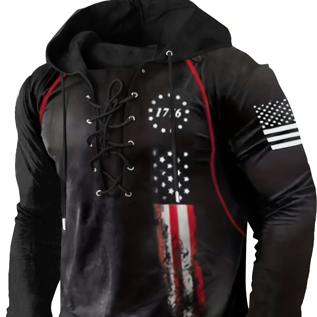 

Men's American Flag And 1776 Print Hooded Long Sleeve Lace Up Sweatshirt, Winter And Fall Retro Fashion Hoodie For Male's Street And Sports Wear