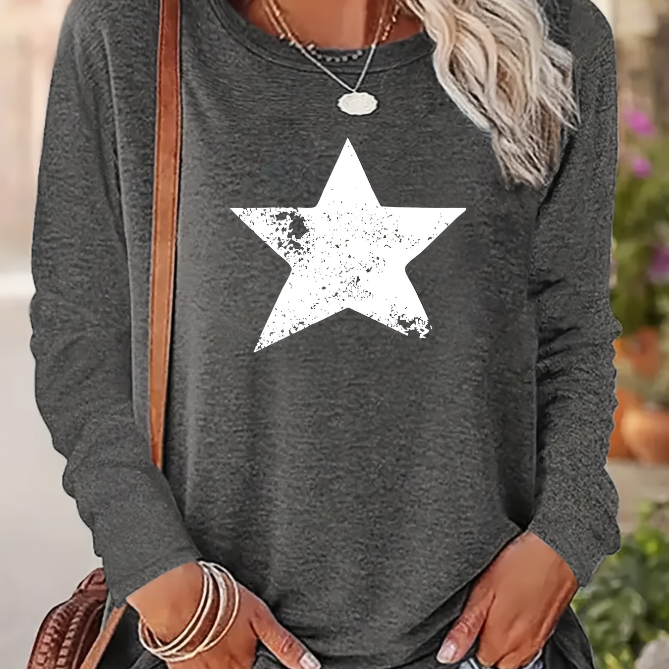 

Star Neck T-shirt, Casual Long Sleeve Top For Spring & Fall, Women's Clothing
