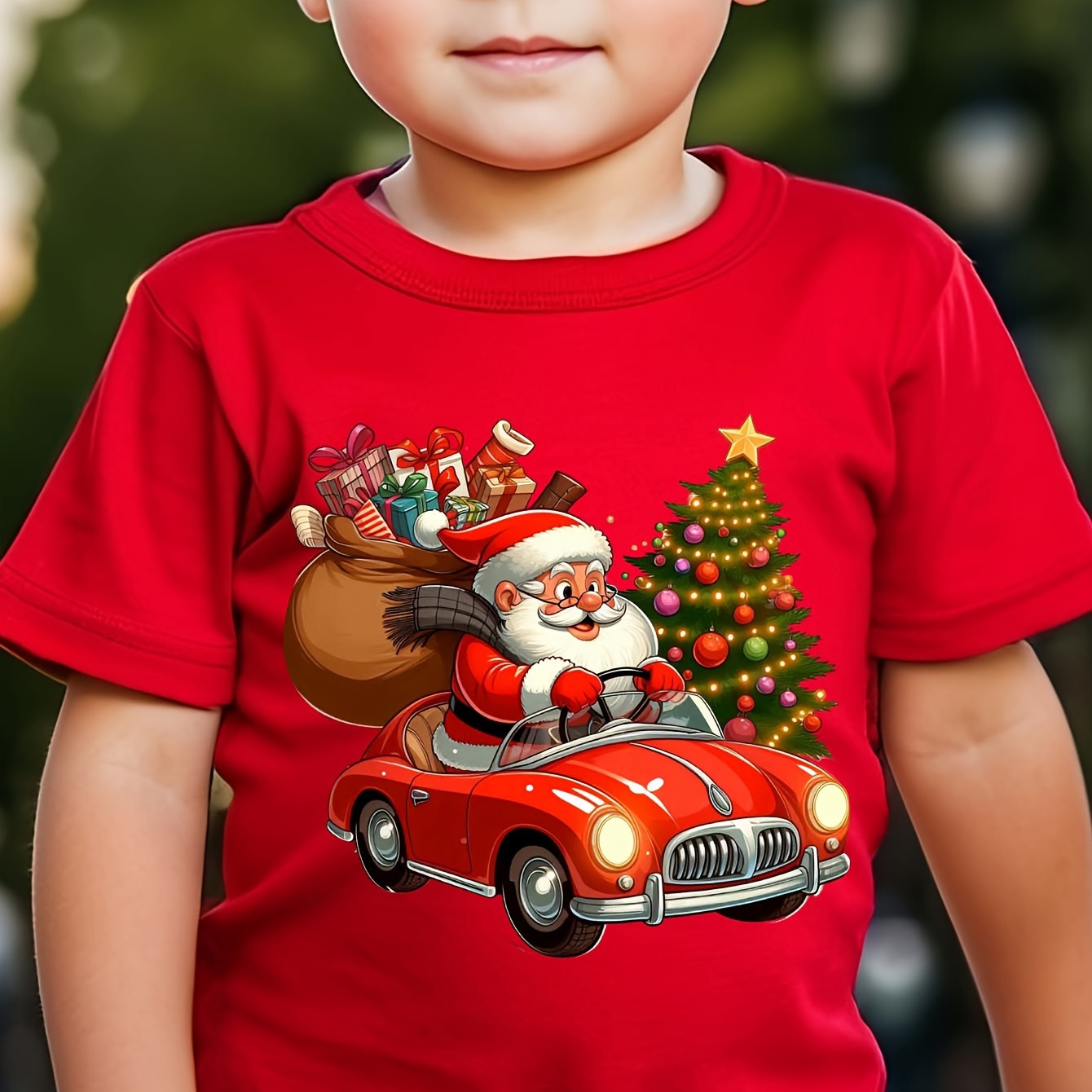 

Chicfull Boys' Christmas T-shirt With Santa & Car Print - Casual, Comfy Polyester Crew Neck Tee For , Machine Washable