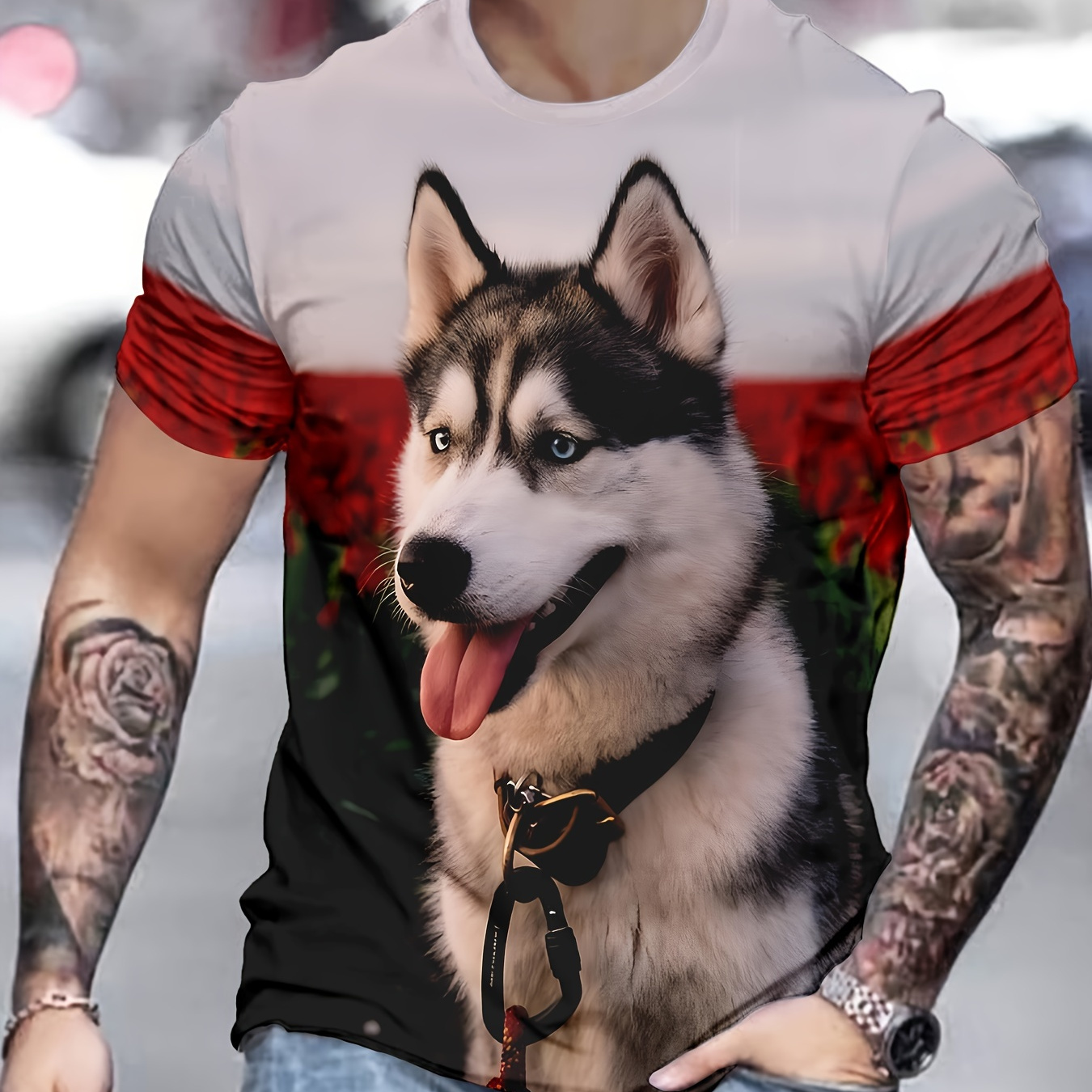 

Men's Husky 3d Print Fashion Tee - Casual Polyester, Round Neck, Machine Washable - Light Blue With Scenic Landscape & , Husky Dog Themed Items