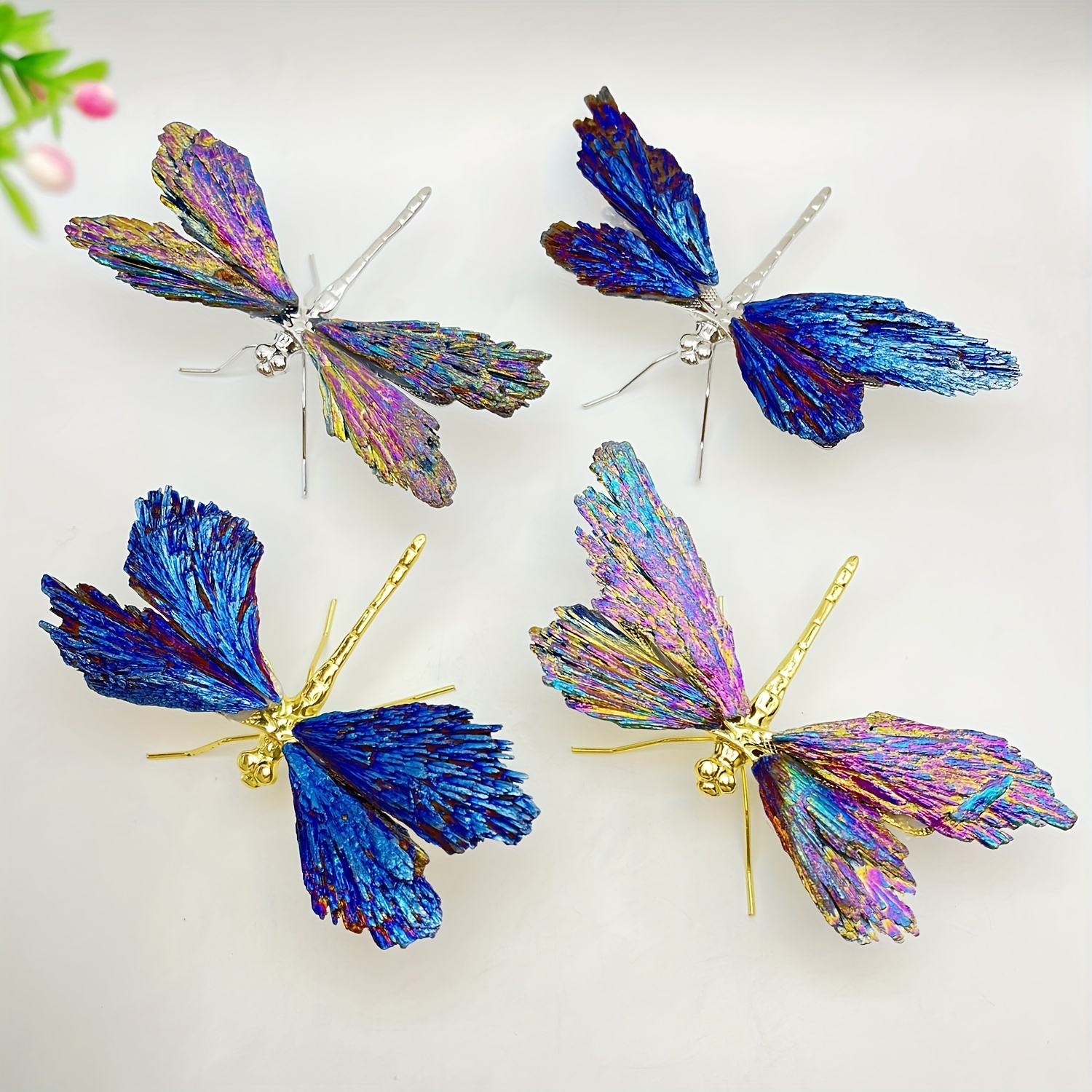 Natural Crystal Tourmaline Electroplated Dragonfly Color Ornament, Crystal Tourmaline Handicraft Ornament Butterfly Dragonfly Jewelry, Ideal choice for Gifts