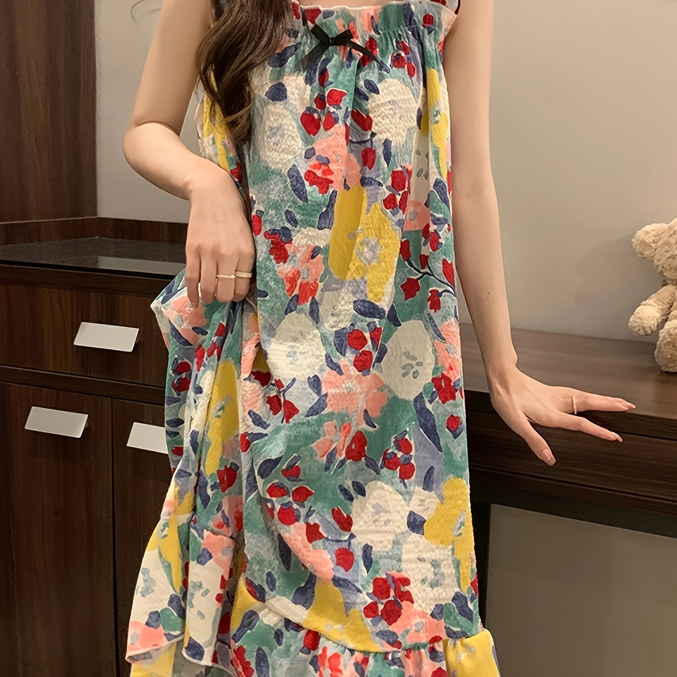 

Women's Oil Painting Print Sweet Ruffle Trim Sleepwear Dress, Square Neck Loose Fit Midi Slip Dress, Comfortable Nightgown