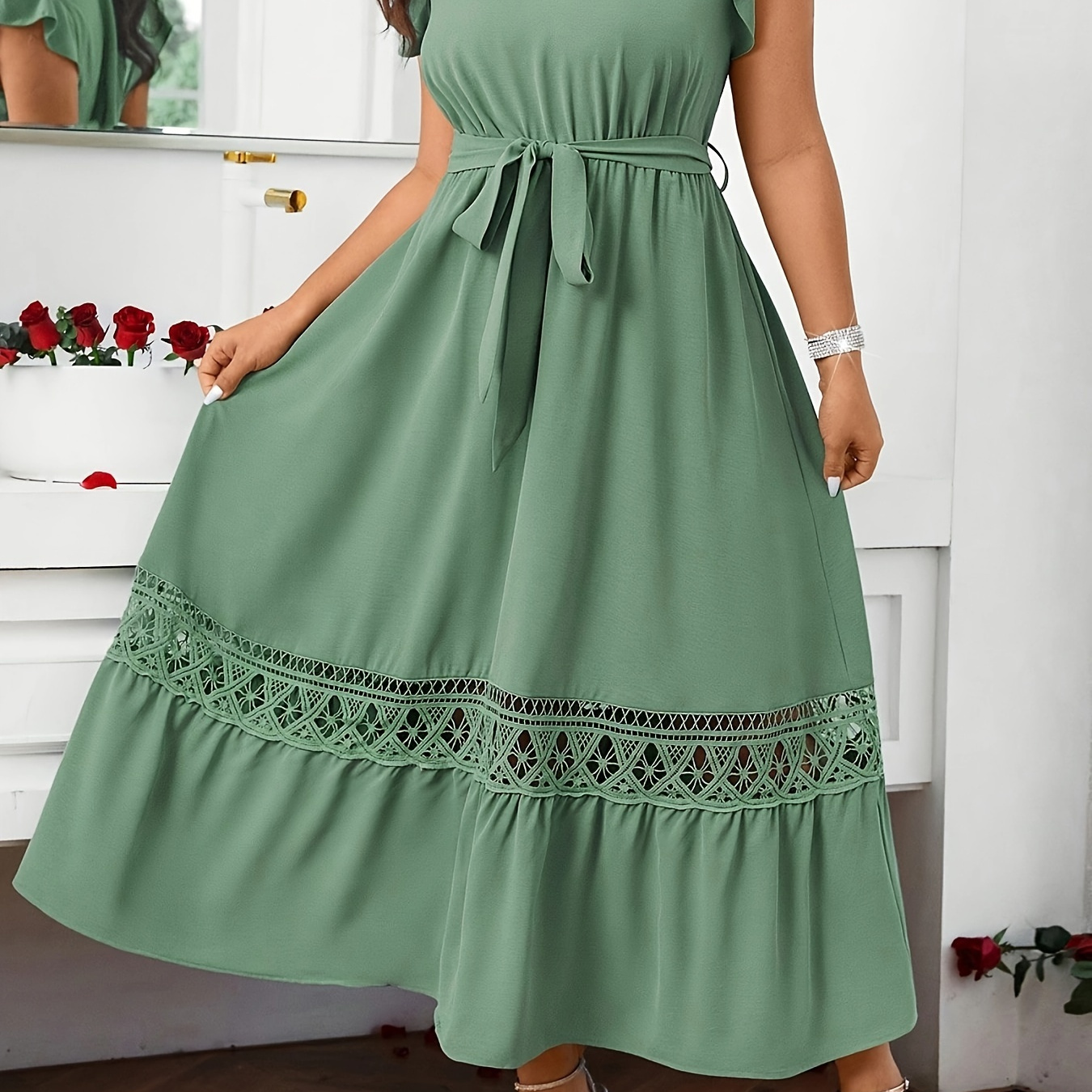 

Plus Size Geometric Pattern Cutout Dress, Vacation V Neck Ruffle Sleeve Belted Dress, Women's Plus Size Clothing
