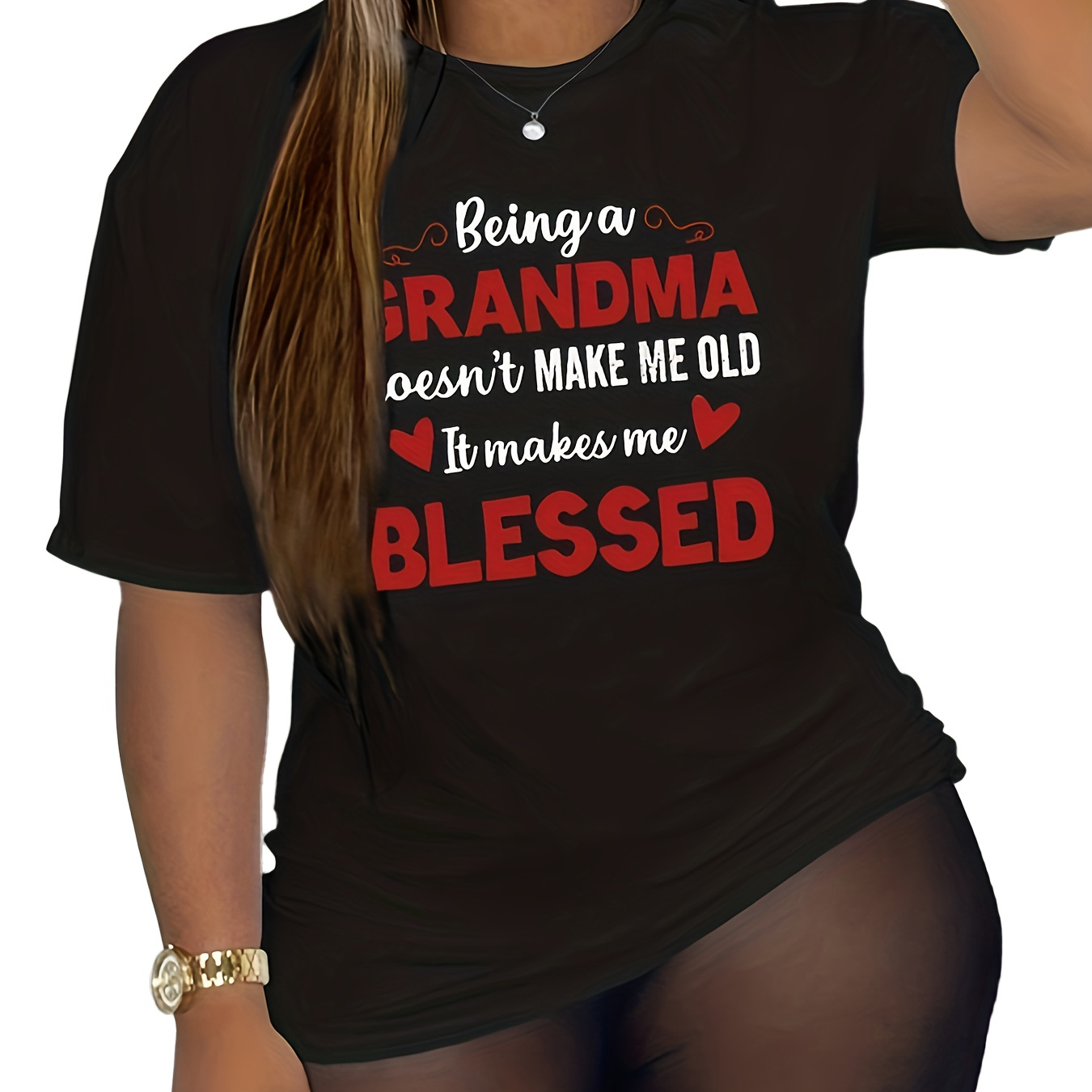 

Plus Size Letter Print Crew Neck T-shirt, Casual Short Sleeve Top For Spring & Summer, Women's Plus Size Clothing