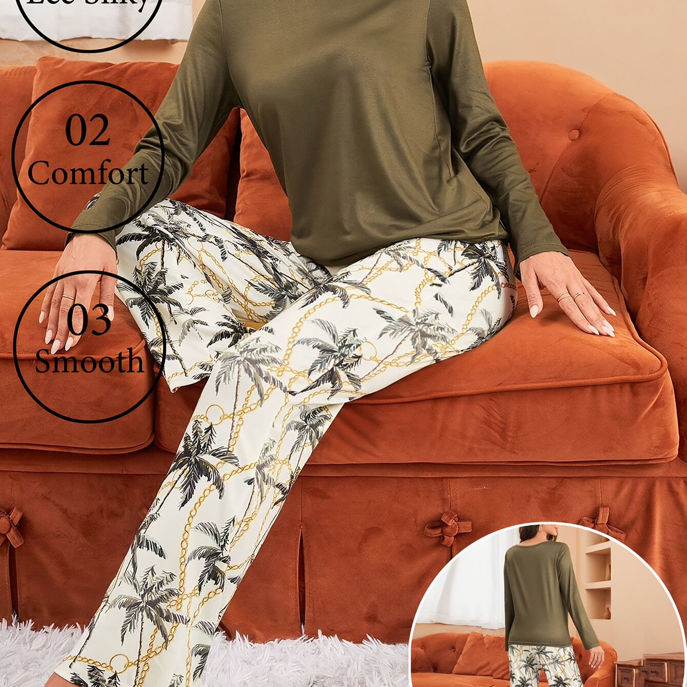 

1set Print Long Sleeve Pajama Set For Women, Comfortable Polyester Knit Fabric, Crew Neck Pullovers With Waist Long Pants, Fall/winter Sleepwear Set