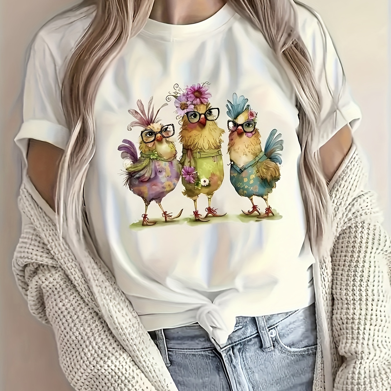 

Cartoon Chicken Print Crew Neck T-shirt, Casual Short Sleeve Top For Spring & Summer, Women's Clothing