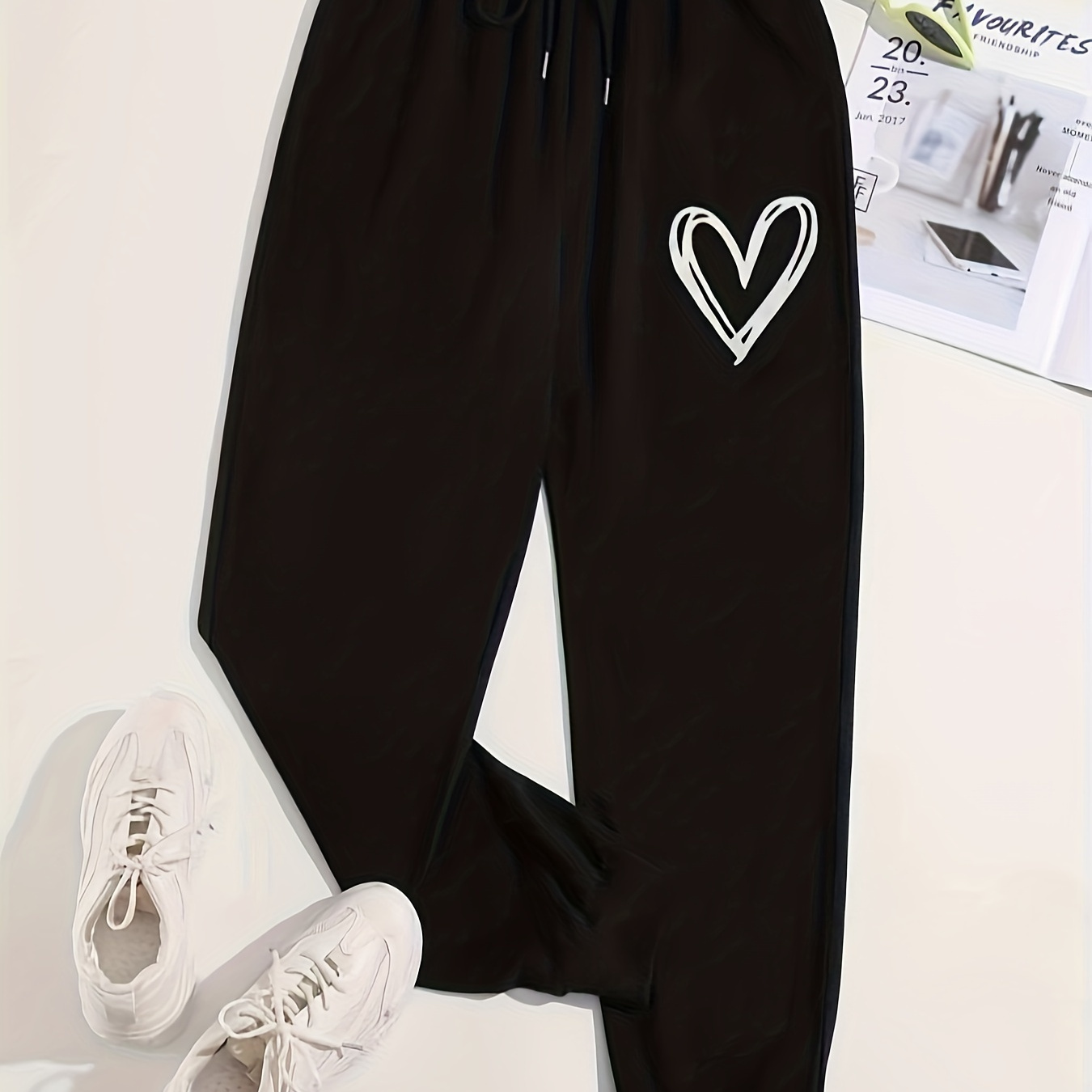 

Heart Print Fitted Bottom Joggers, Casual Drawstring Sporty Pants For , Women's Clothing