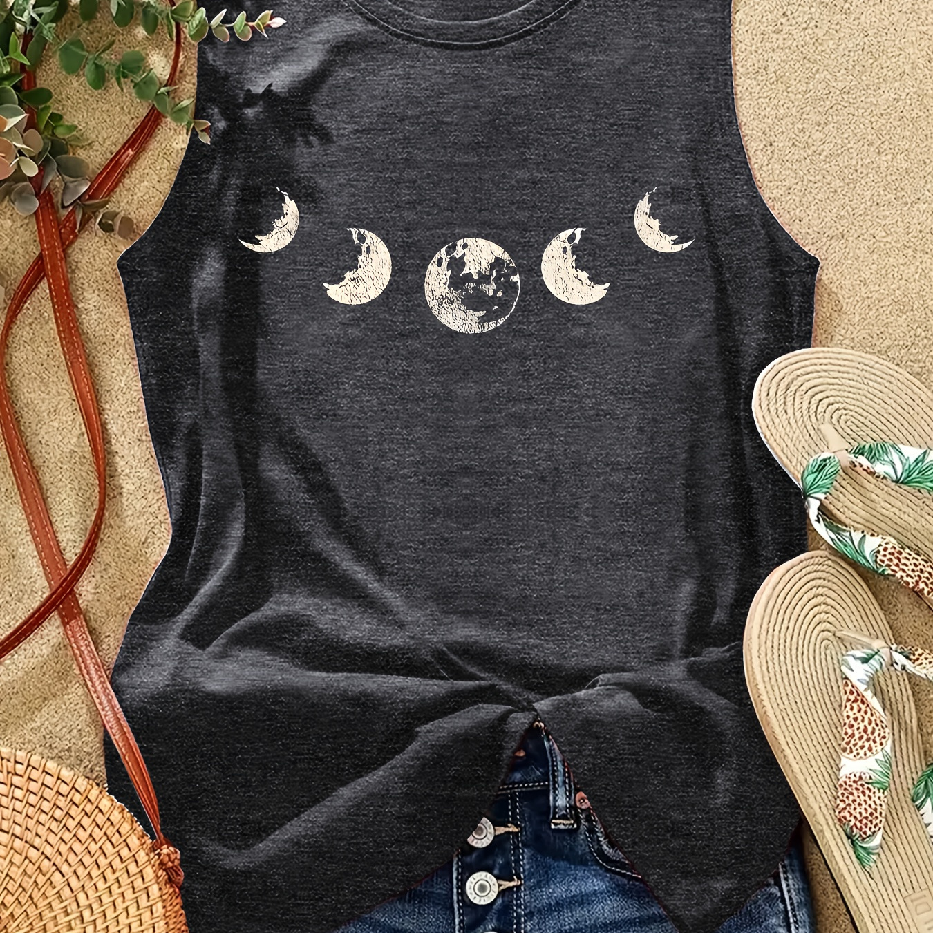 

Moon Graphic Print Tank Top, Sleeveless Crew Neck Casual Top For Summer & Spring, Women's Clothing
