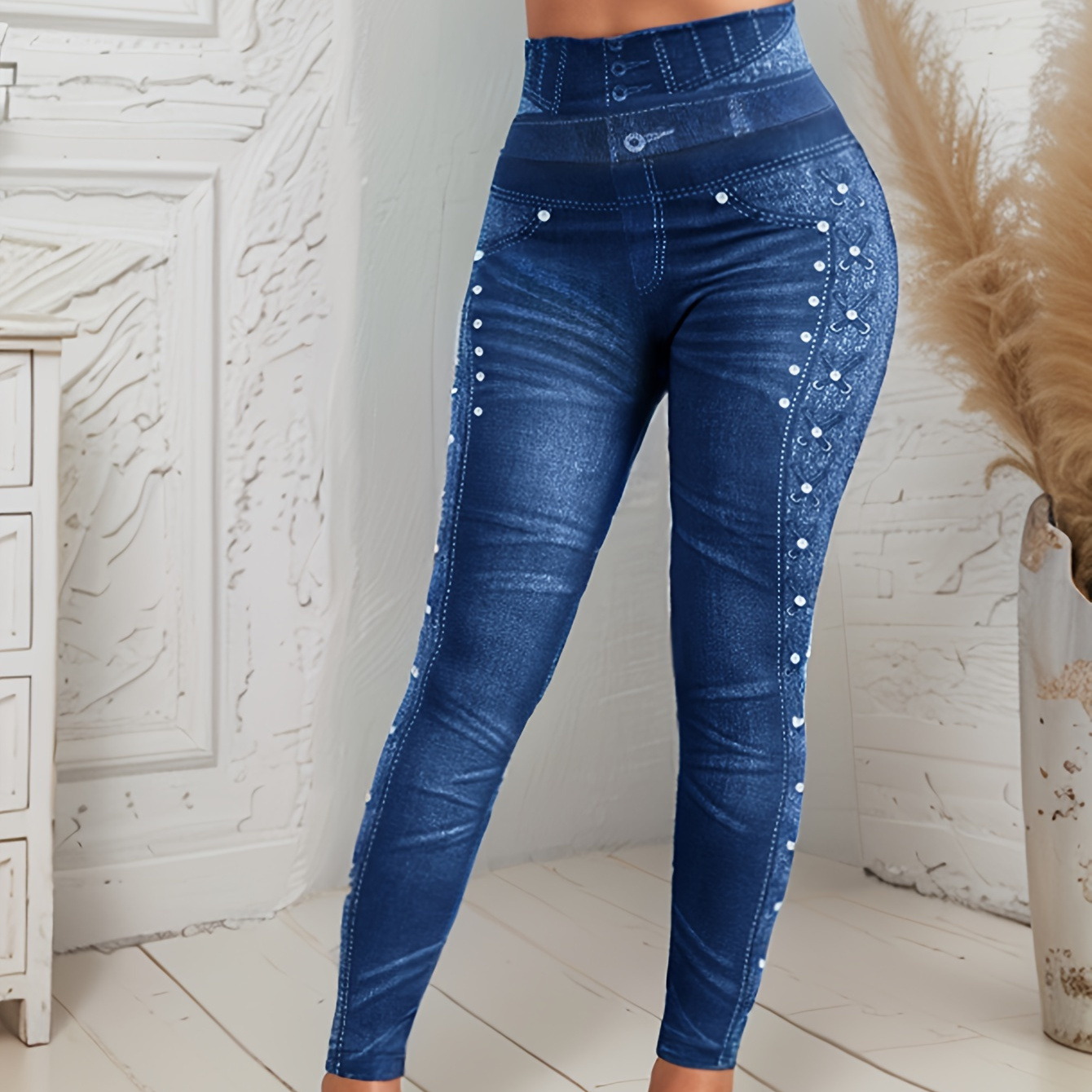 

Women's High-waisted Gradient Print, Pearl Embellished Denim Print Fashion Yoga Pants With Butt Lifting And Waist Slimming Features, Athletic Style Wide Waistband