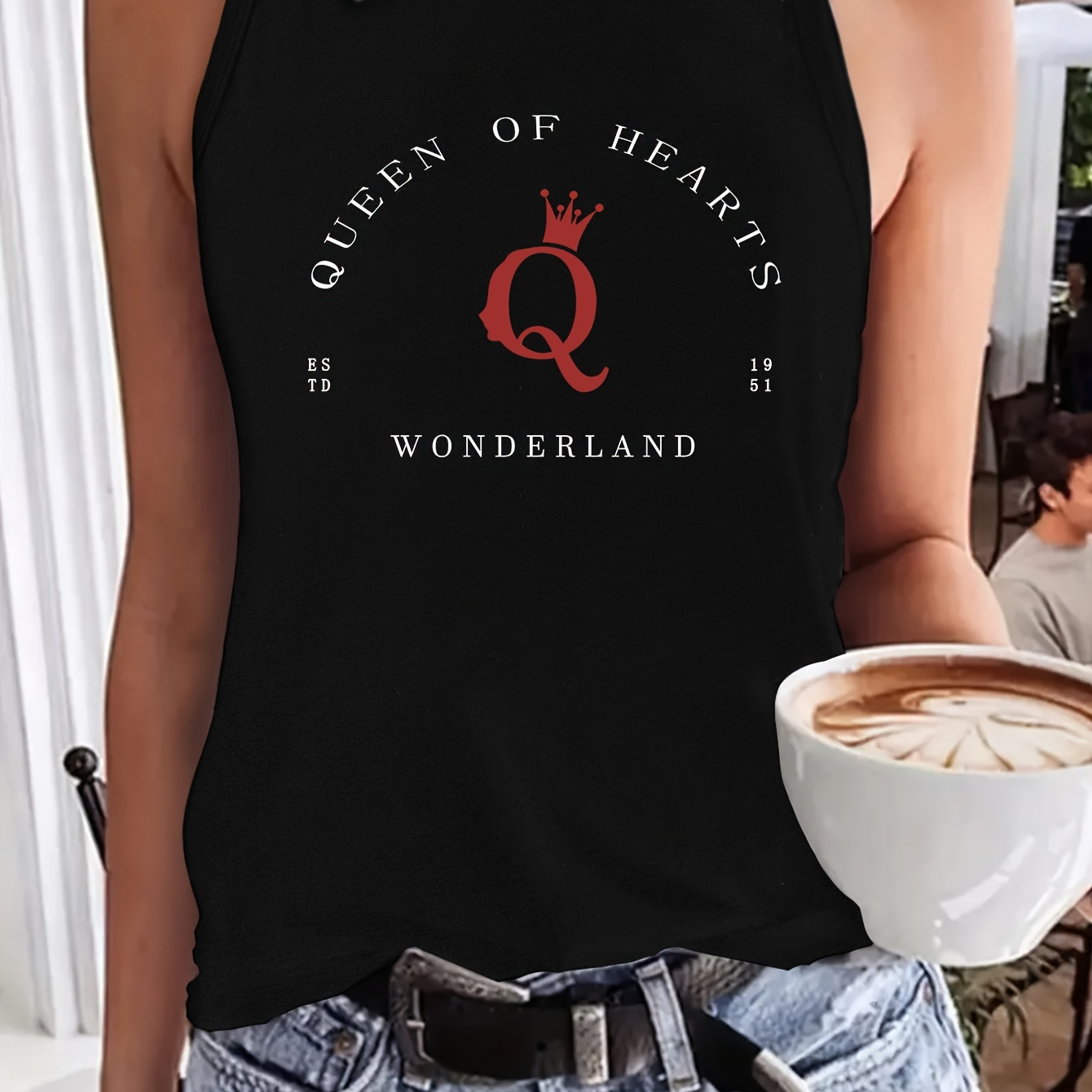 

Queen Of Hearts Print Crew Neck Tank Top, Casual Sleeveless Top For Summer, Women's Clothing