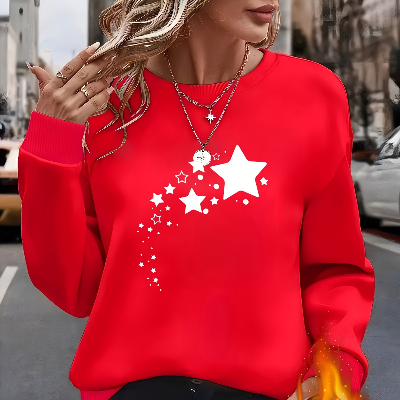 

Sweatshirt Élégant à Motif d'Étoiles Rouges Doublé en à Manches Longues et Col Rond pour Femme - Lavable en Machine