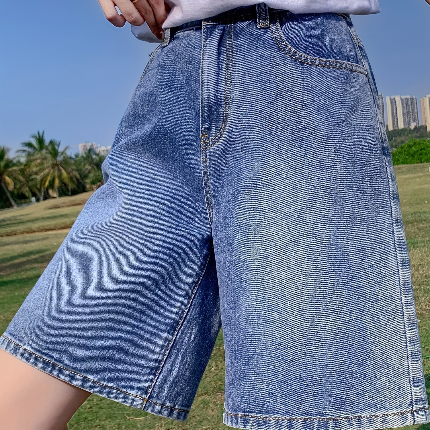 

Women's Plus Size Bermuda High Waisted Denim Shorts For Summer With Pockets, Elastic Waist Loose Straight Jean Shorts For Women, Casual Blue Color Comfy Denim Bottoms, Women's Clothing