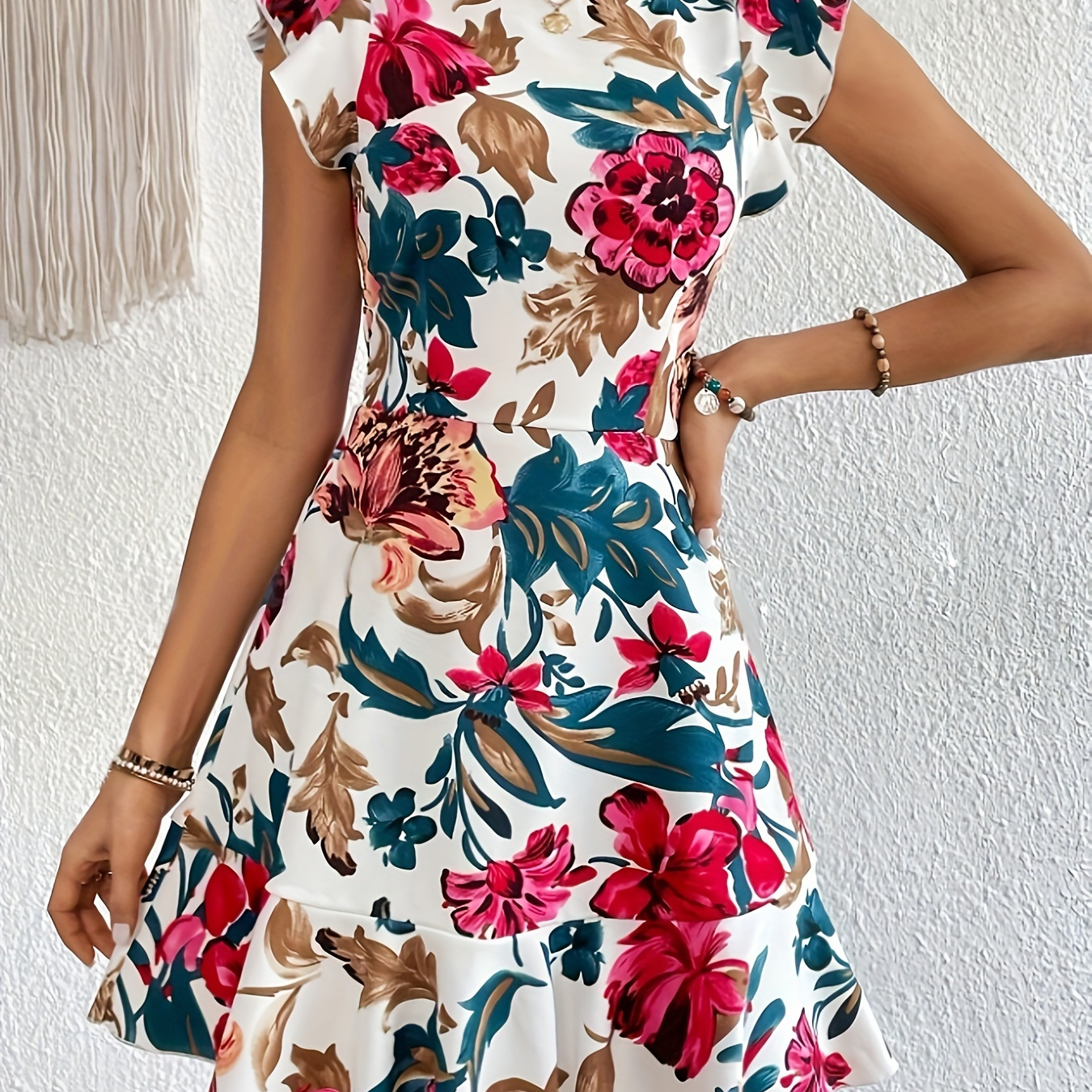 

Floral Print Ruffle Trim Dress, Elegant Crew Neck Aline Swing Dress For Spring & Summer, Women's Clothing