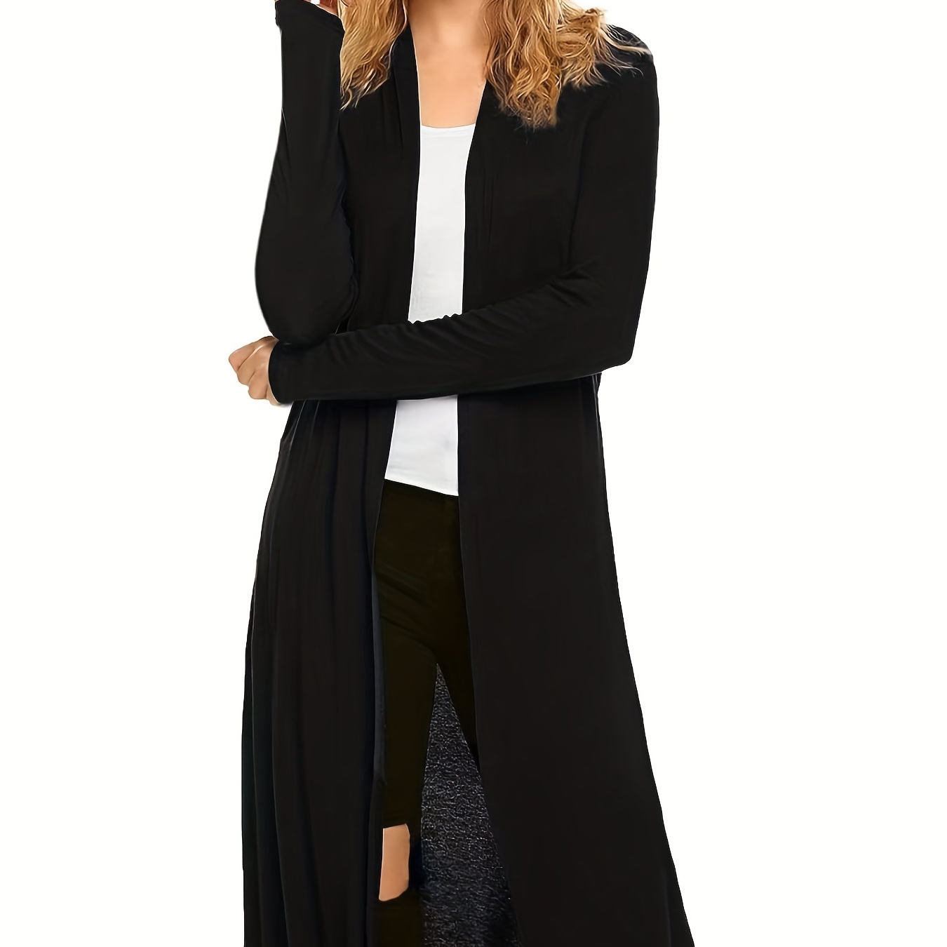 

Solid Open Front Drape Knit Cardigan, Casual Long Sleeve Long Length Sweater, Women's Clothing