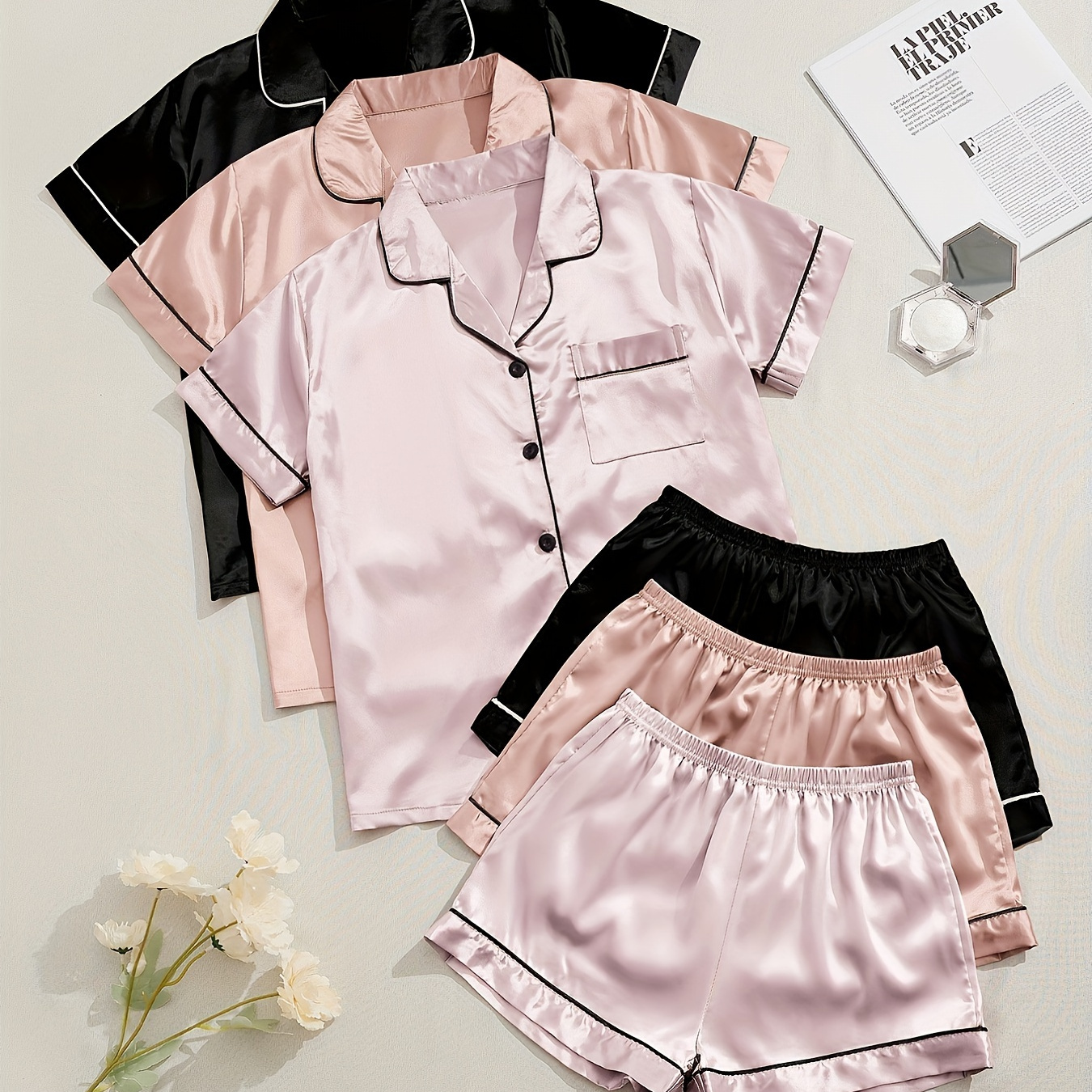 

3 Sets Satin Contrast Binding Lounge Set, Short Sleeve Lapel Top & Elastic Waistband Shorts, Women's Sleepwear & Loungewear