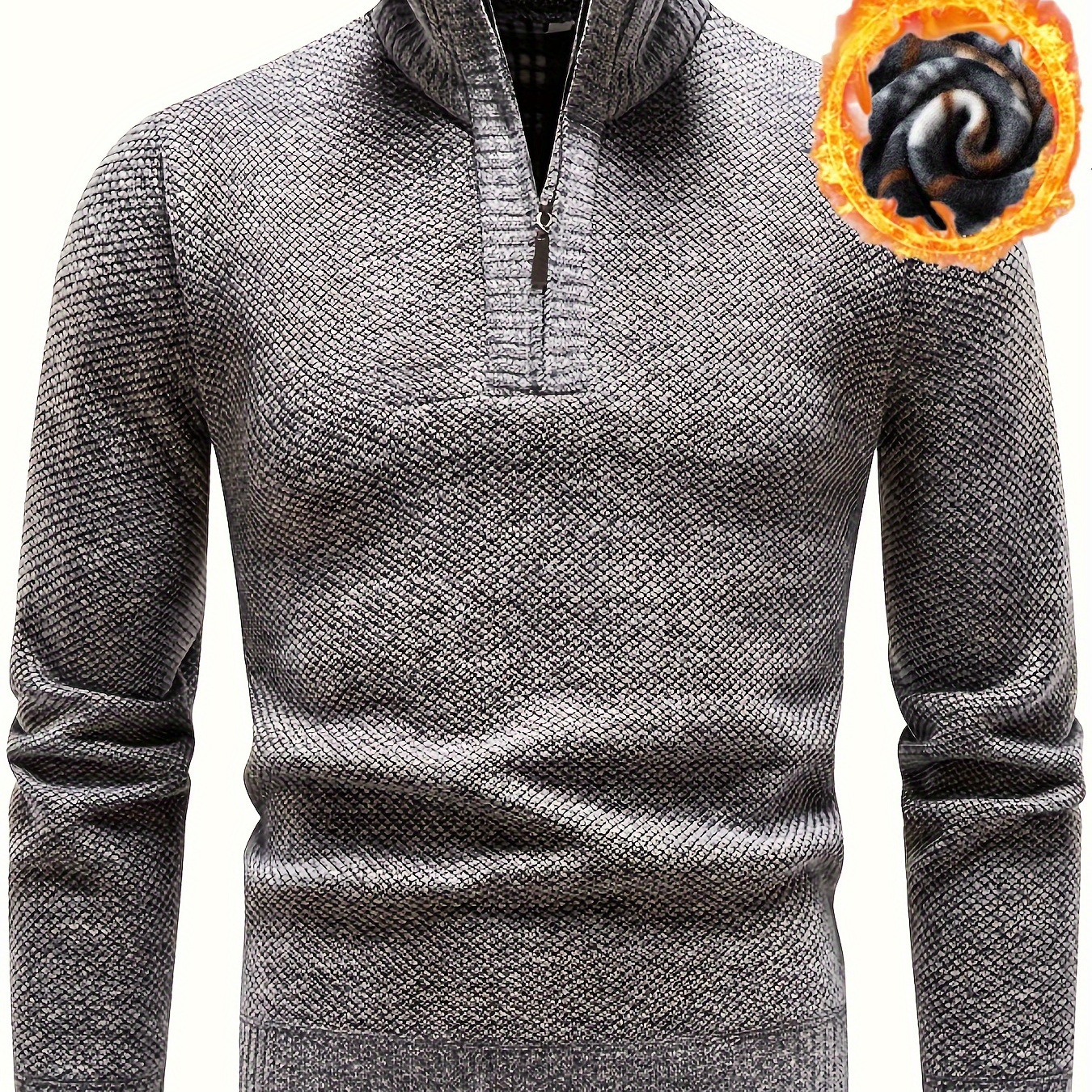 

Men's High Neck Zipper Pullover Jacket - Polyester 100% Thickened Velvet Knit Fabric, Solid Color, Regular Fit, Long Sleeve, Fall/winter Casual Stand Collar Sweater With Medium Stretch