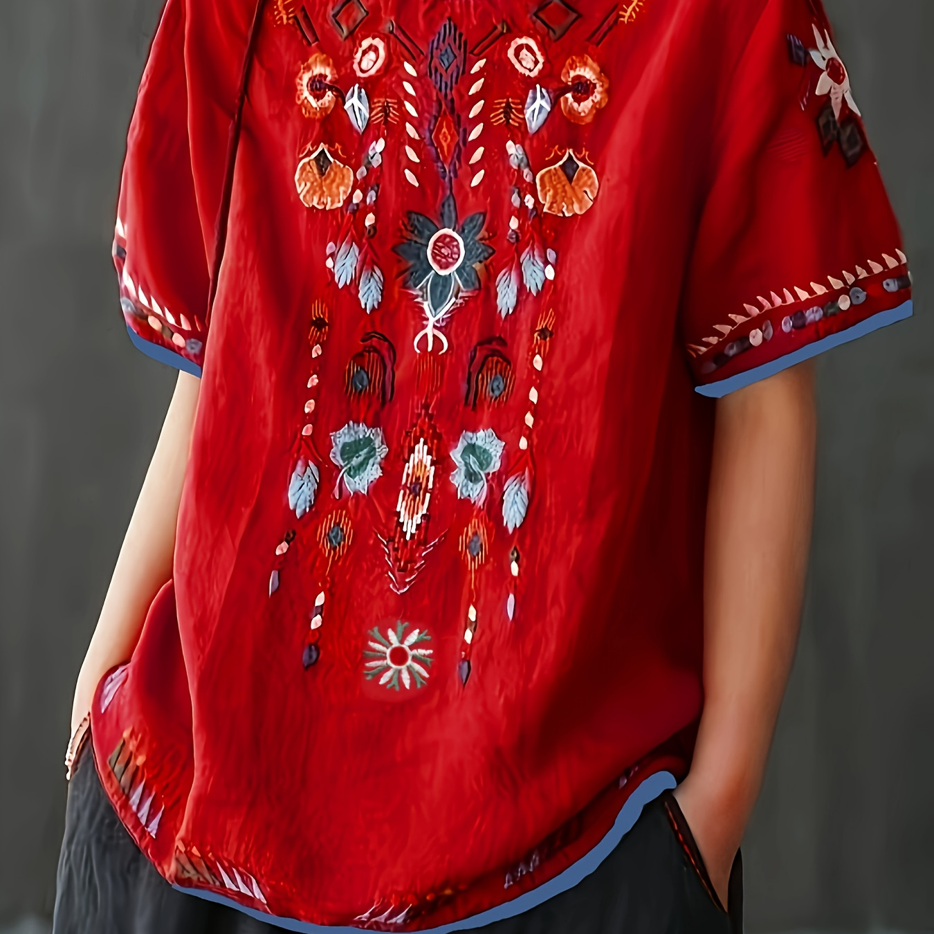 

Ethnic Embroidered Pattern Crew Neck T-shirt, Casual Short Sleeve T-shirt For Spring & Summer, Women's Clothing