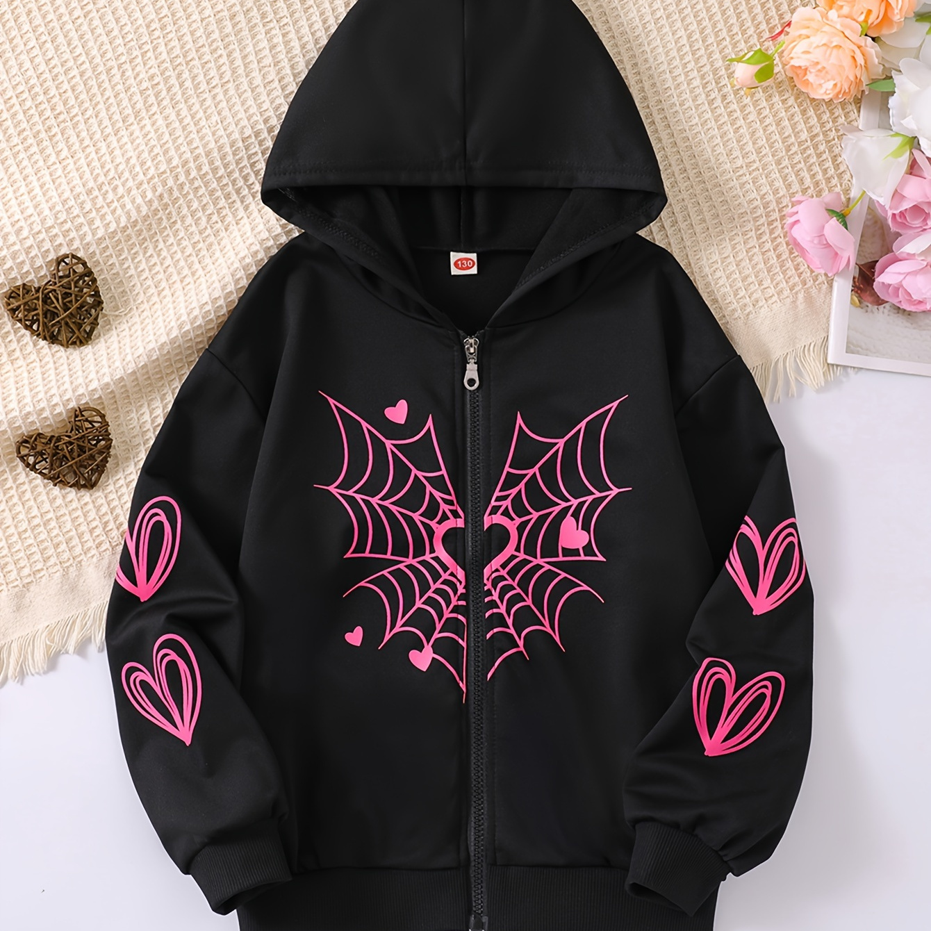 

Valentines Day Girls Spider Heart Print Long Sleeve Zipper Sweatshirt Hoodie Tops For Teens