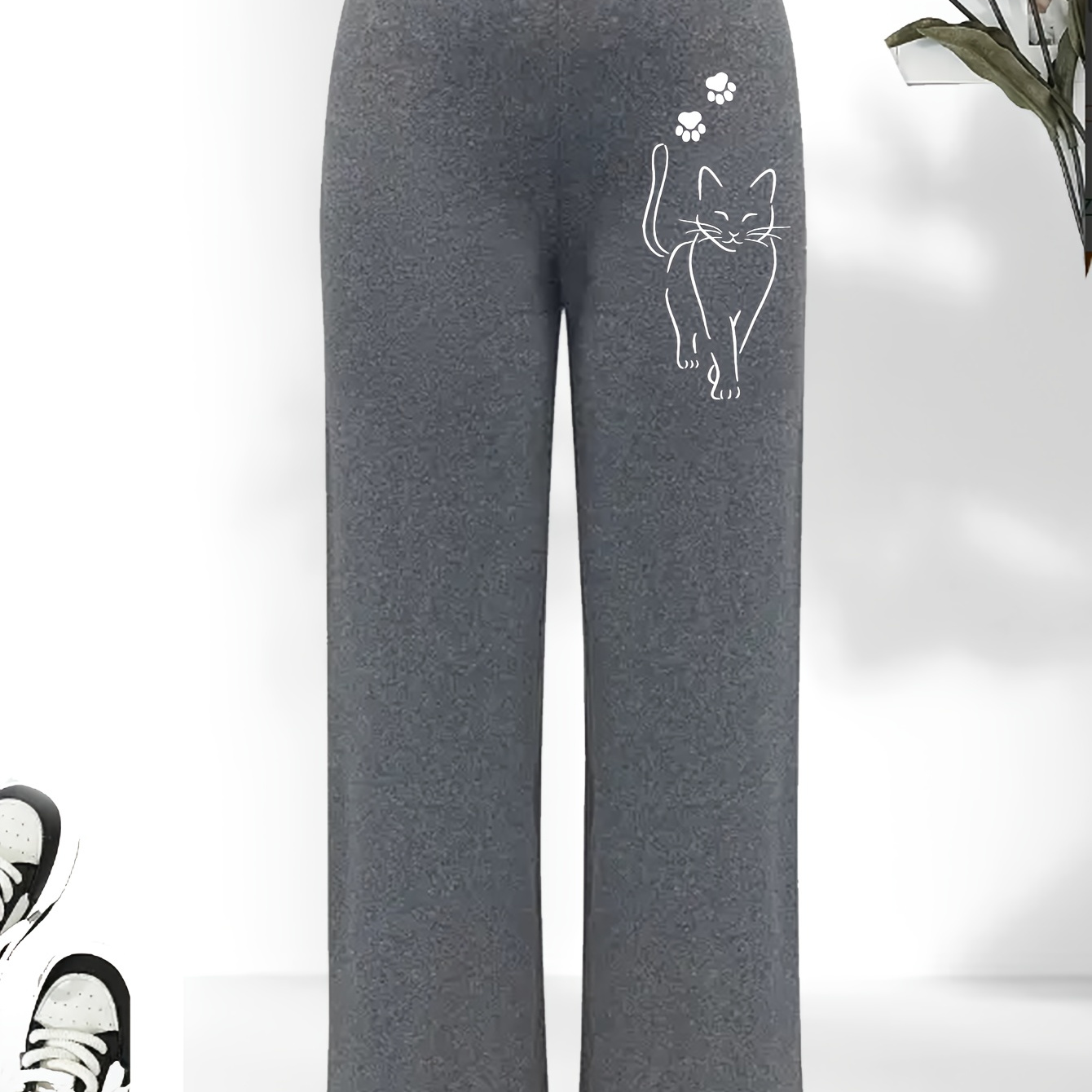 

Cat Print Wide Leg Pants, Casual Loose Pants For Spring & Summer, Women's Clothing