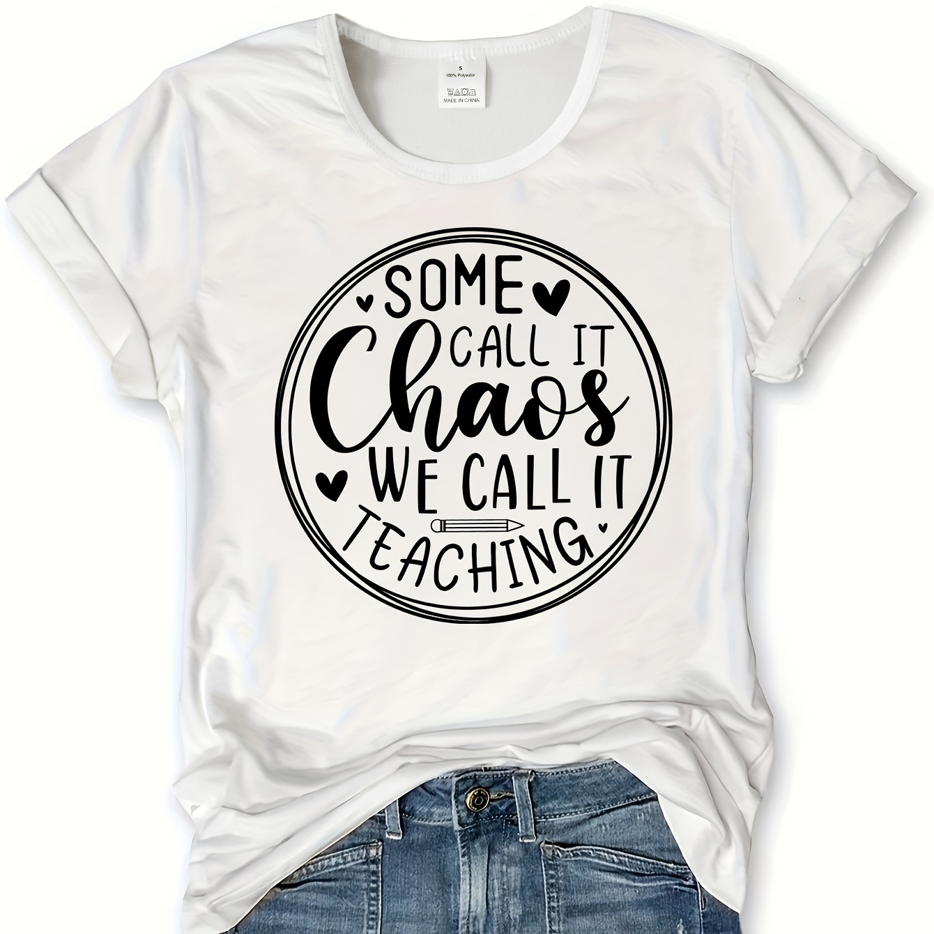 

Teacher's Day Letter & Heart Print T-shirt, Short Sleeve Crew Neck Casual Top For Summer & Spring, Women's Clothing