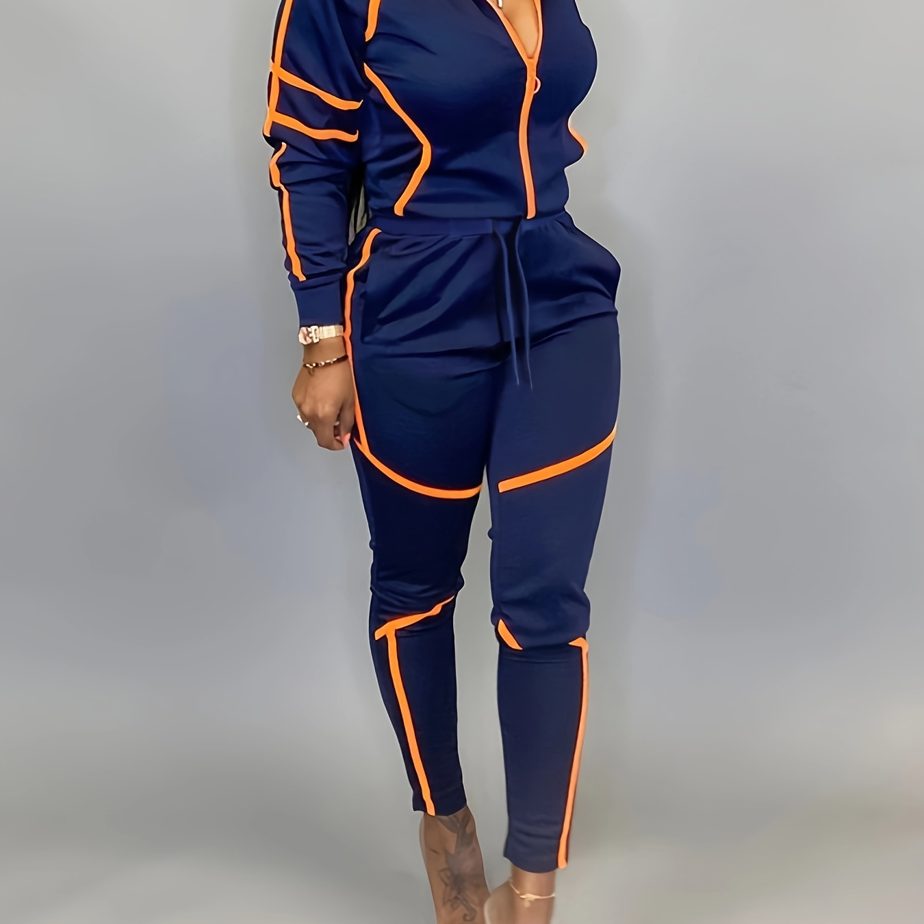 

Casual , Elegant Women's Tracksuit - Zip-up Jacket & Drawstring Pants Set, Stretchy Polyester , Machine Washable