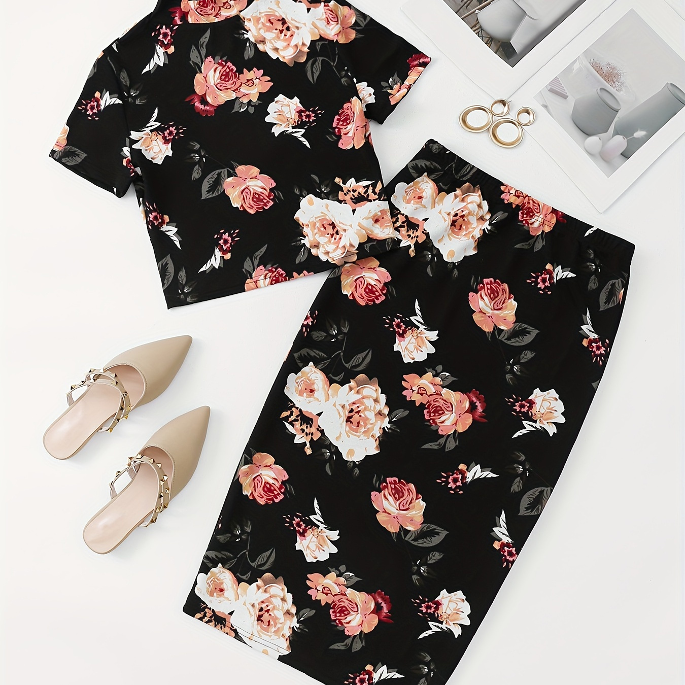 

Floral Print Two-piece Set, Elegant Mock Short Sleeve Crop T-shirt & Bodycon Midi Skirt Outfits, Women's Clothing