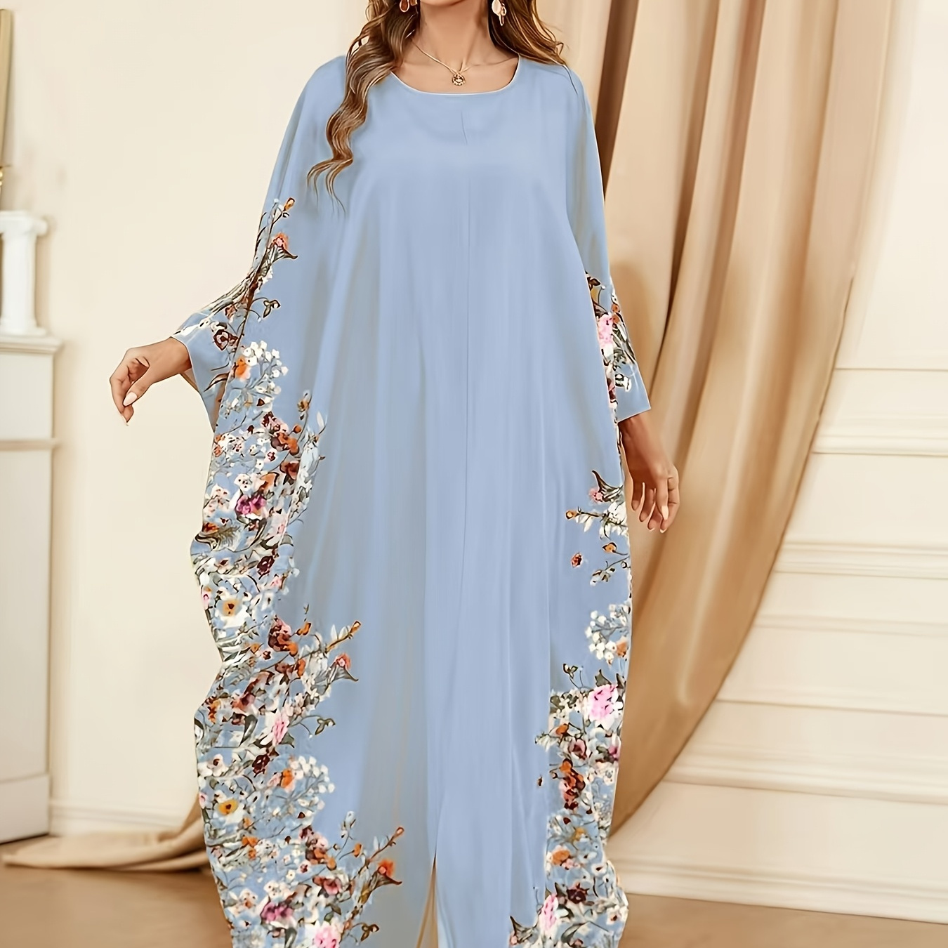 

Women's Elegant Middle Eastern Printed Kaftan 6317, % Polyester, Floral Pattern, Long Length, Woven Fabric, Gsm, All Season Wear, No Belt, Split Detail