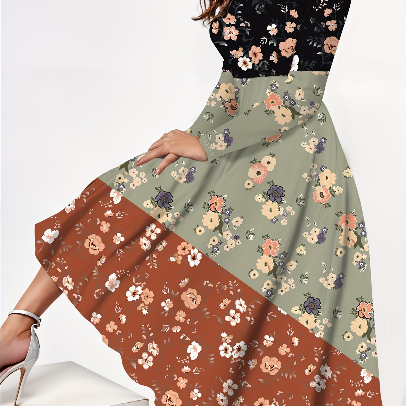 

Floral Print Long Sleeve Dress, Elegant Color Block Midi Dress For Spring & Fall, Women's Clothing