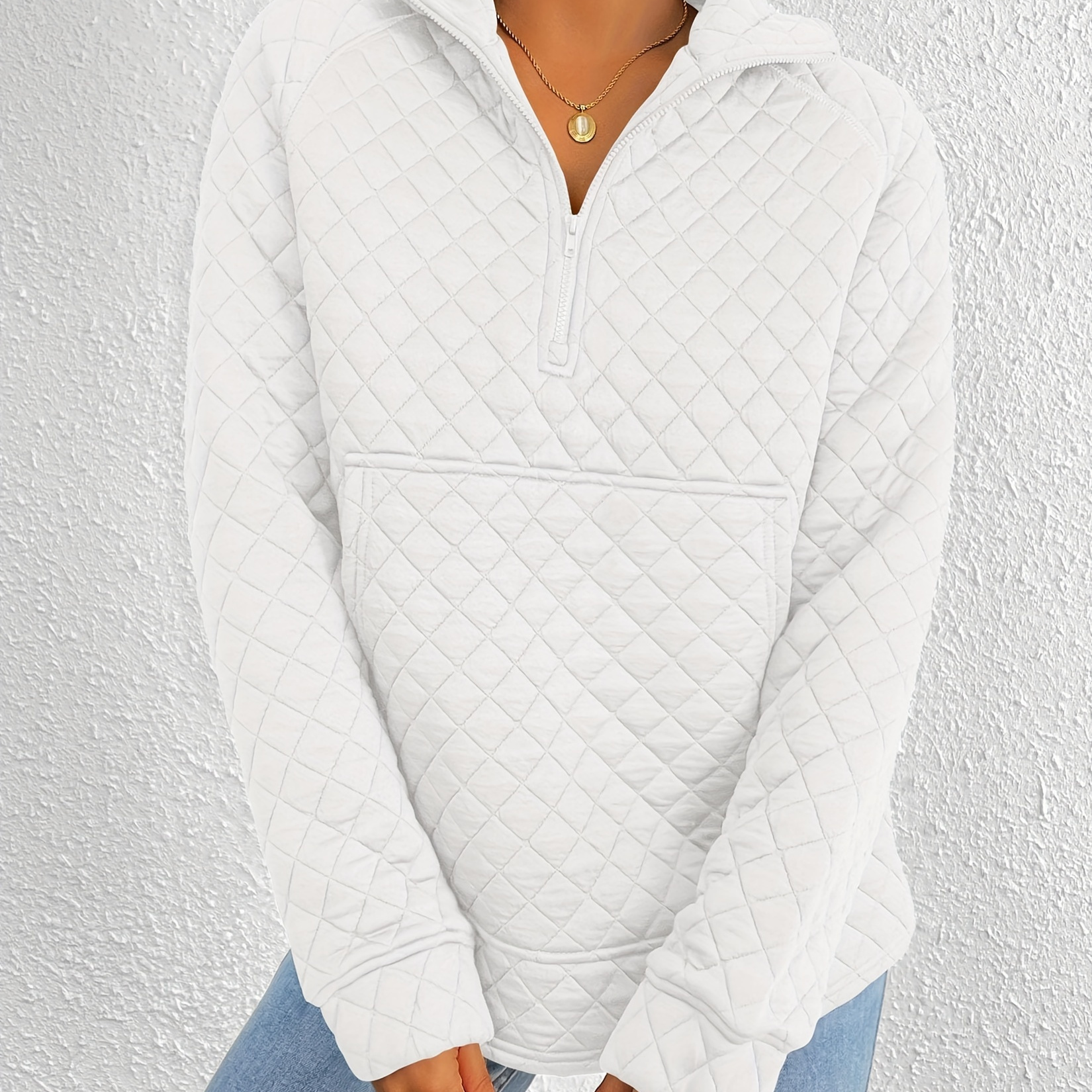 

Women's Fall Quilted Sweatshirt Casual Quarter Zip Collared Long Sleeve V Neck Pullover Tops