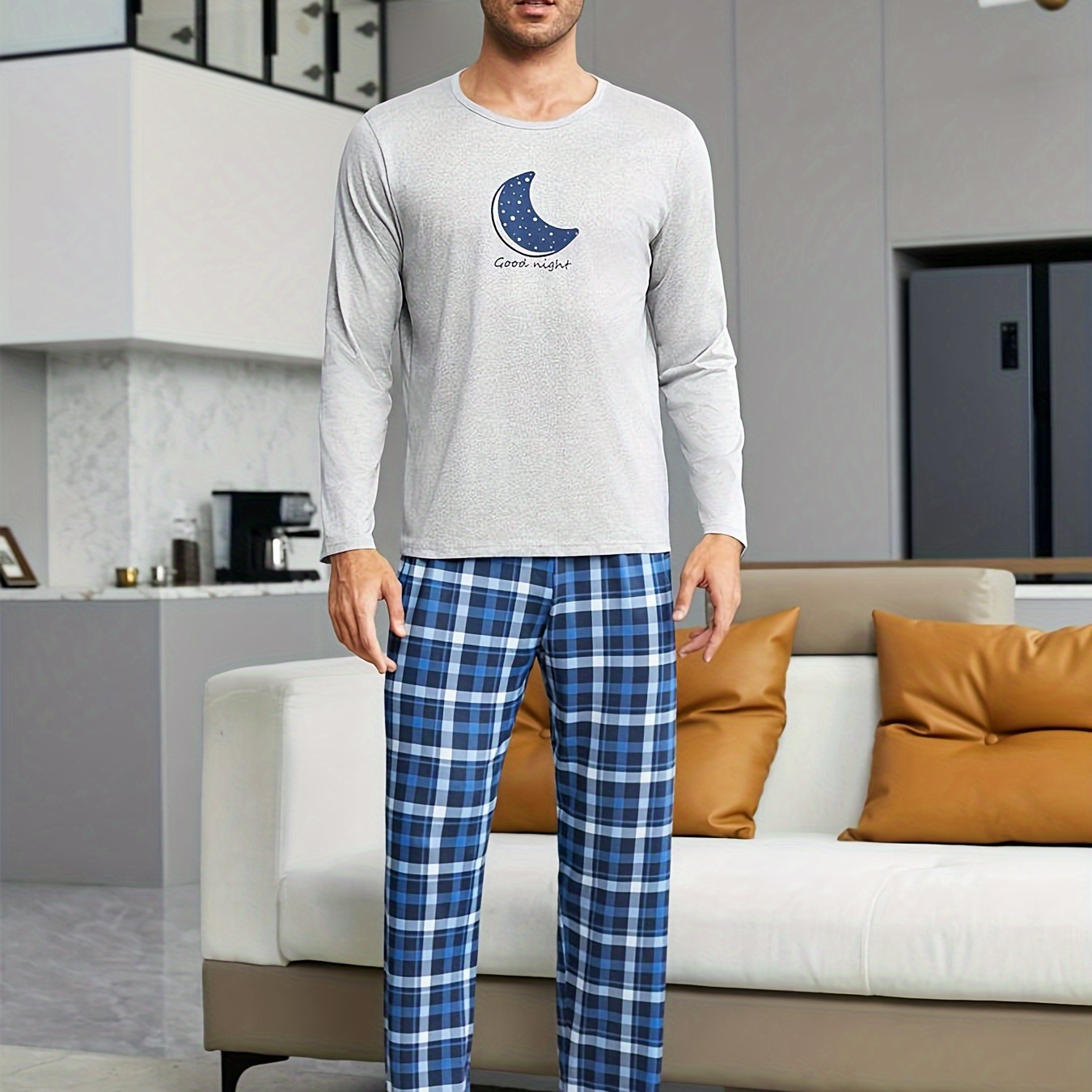 

2 Pcs Men's Night Letter Print Round Neck Long Sleeve & Trousers Pajama Set, Comfortable & Skin-friendly Style Pajamas For Men's Cozy Loungewear