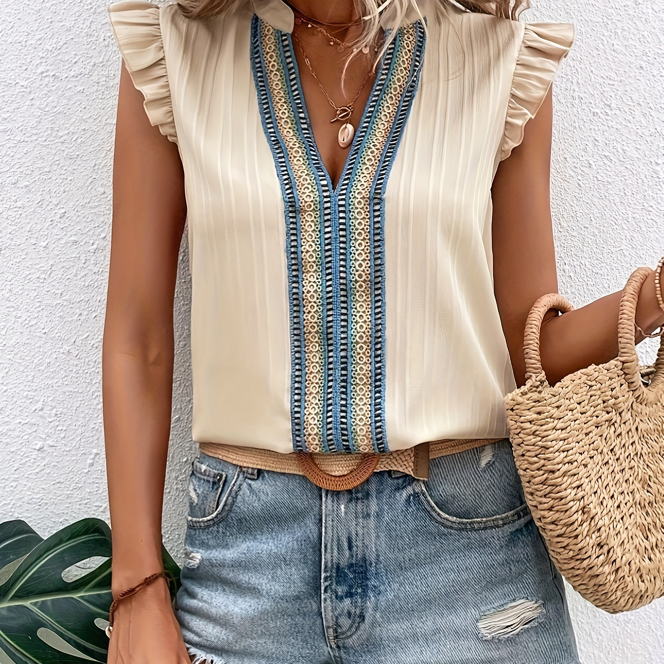 

Contrast Lace Notch Neck Blouse, Vacation Ruffle Trim Sleeveless Blouse For Spring & Summer, Women's Clothing